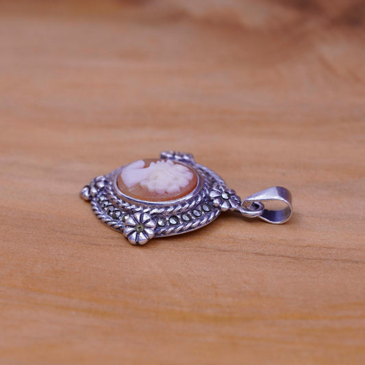 Vintage Sterling 925 silver handmade pendant with agate cameo girl marcasite