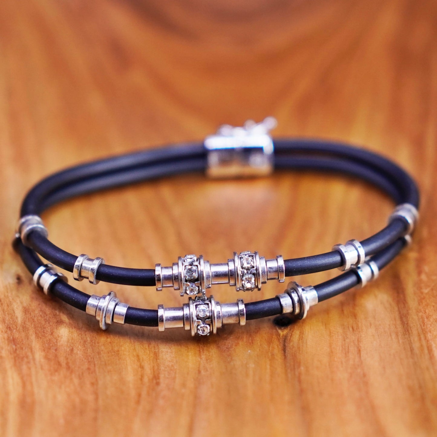 7”, double strands black rubber bracelet sterling 925 silver tube and cz charms