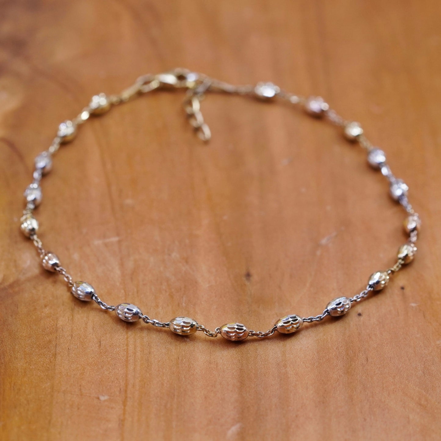 9.25”, two tone Sterling silver bracelet, Italy 925 circle chain beads anklet