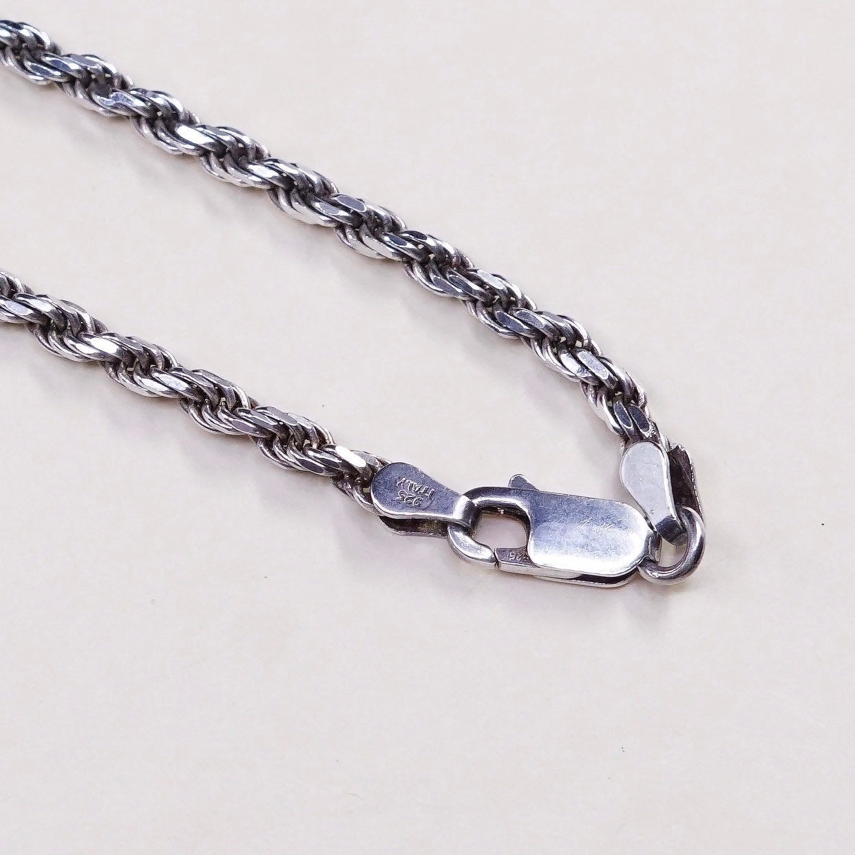 30", 3mm, vtg sterling silver Italy 925 diamond cut rope chain, necklace