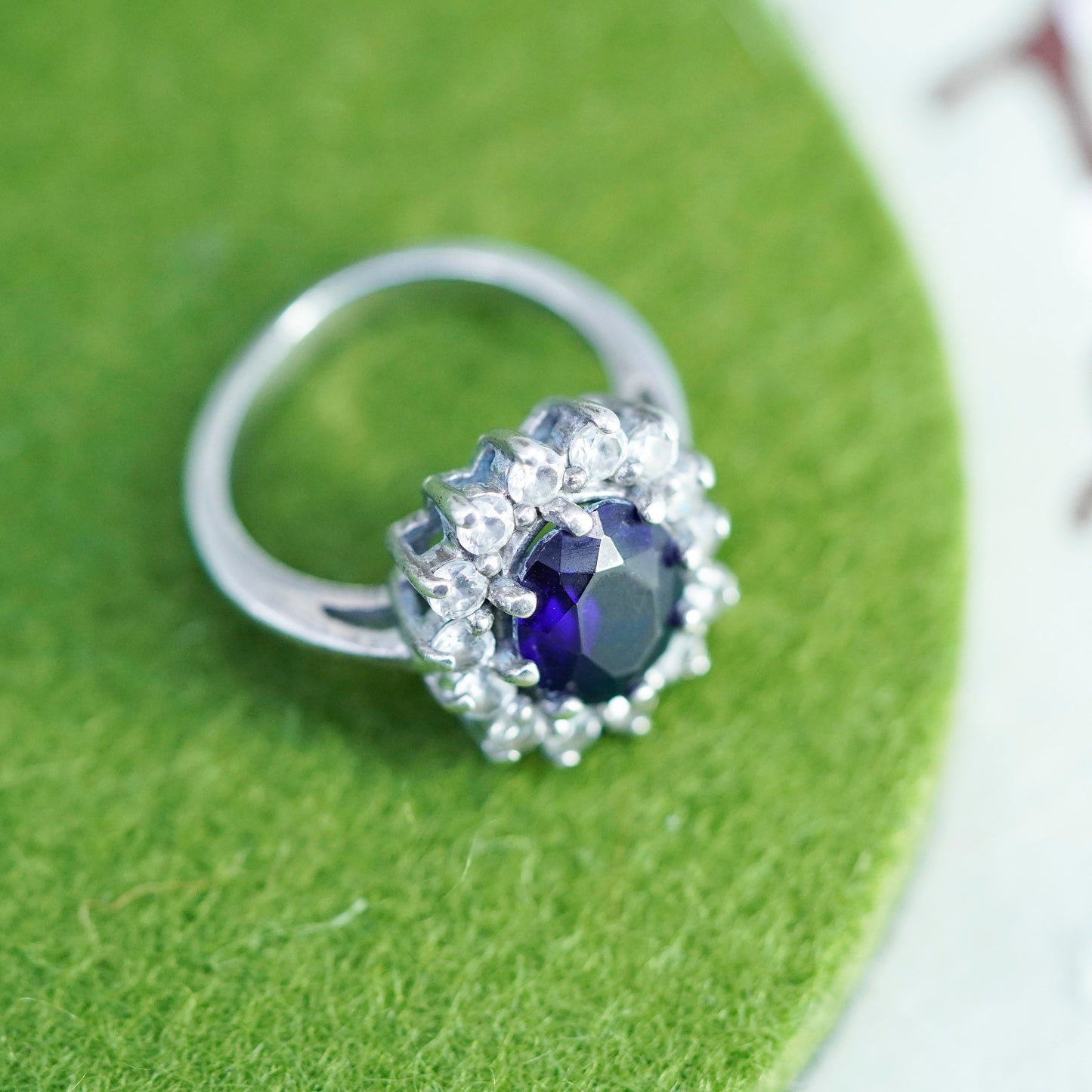 Size 6.25, vintage Sterling silver ring, 925 band with sapphire and cz