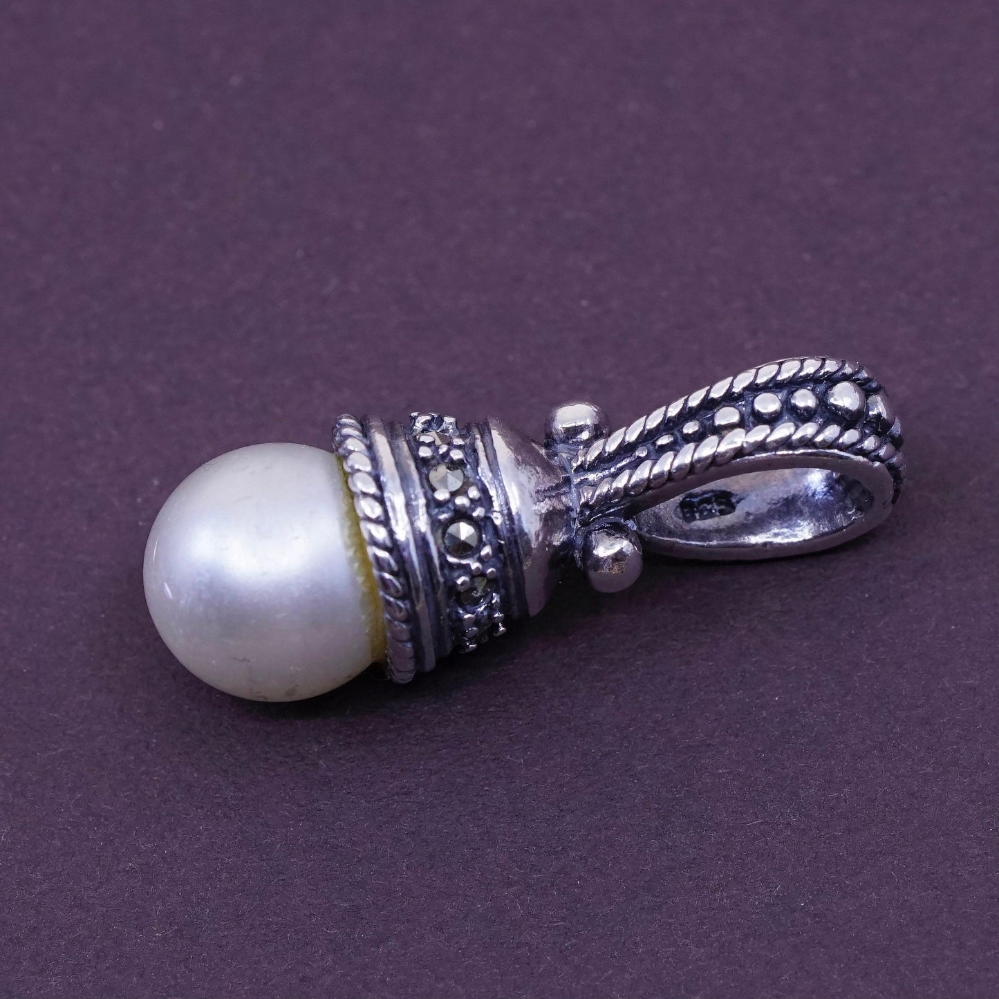 vtg Judith jack sterling 925 silver handmade pendant with marcasite and pearl
