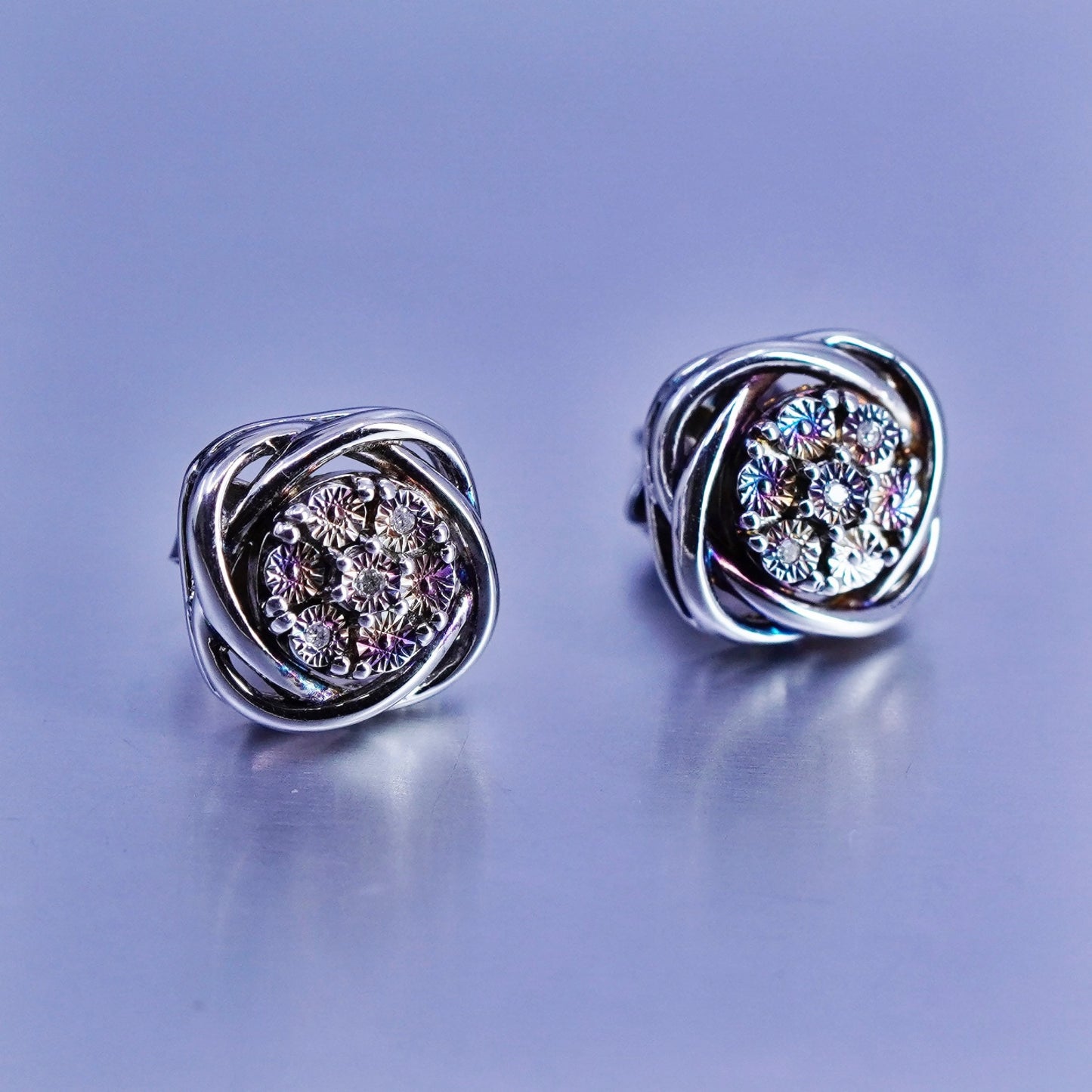 Vintage Sterling 925 silver earrings, entwined studs with diamond inlay