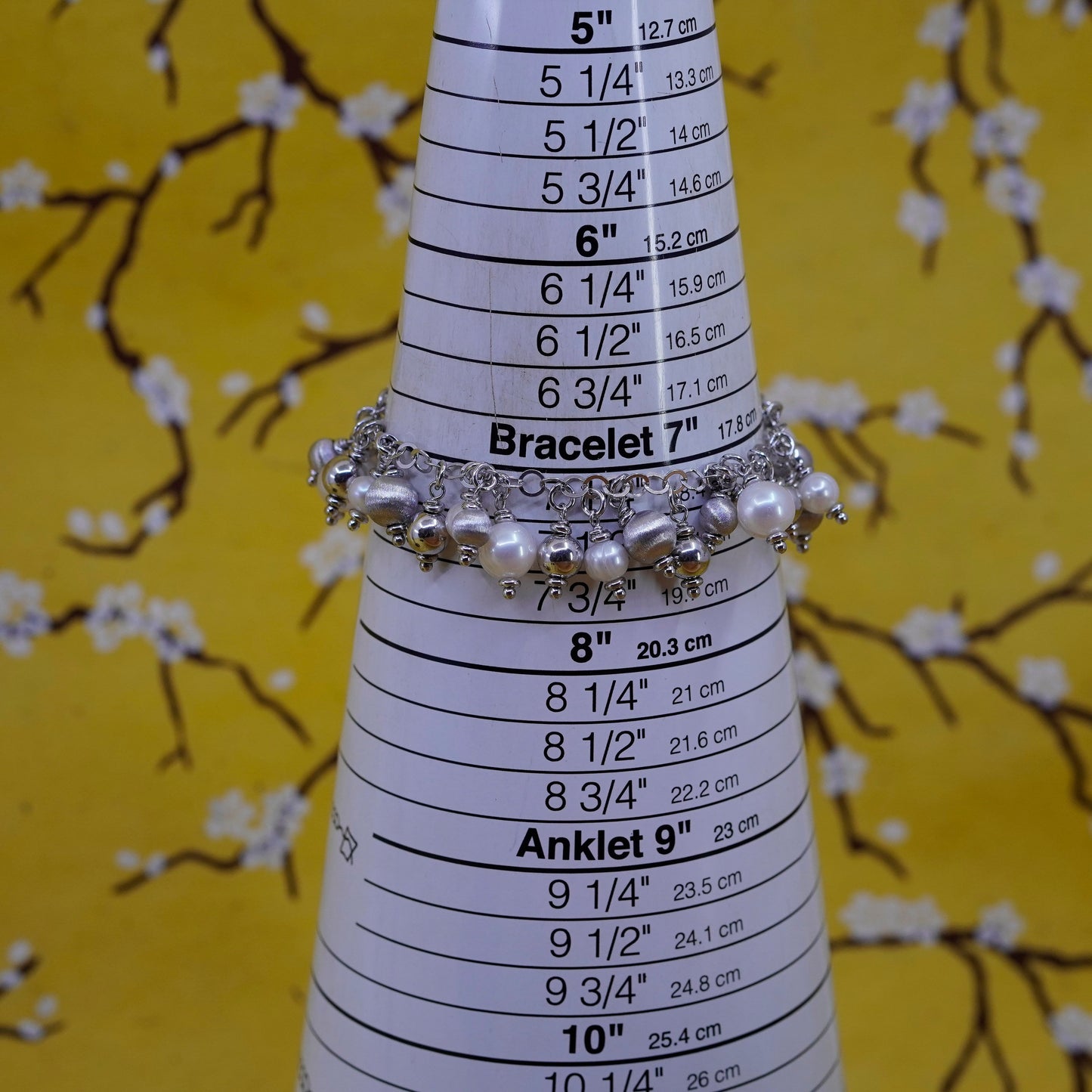 7.25”, Sterling 925 silver handmade circle bracelet with cluster pearl beads