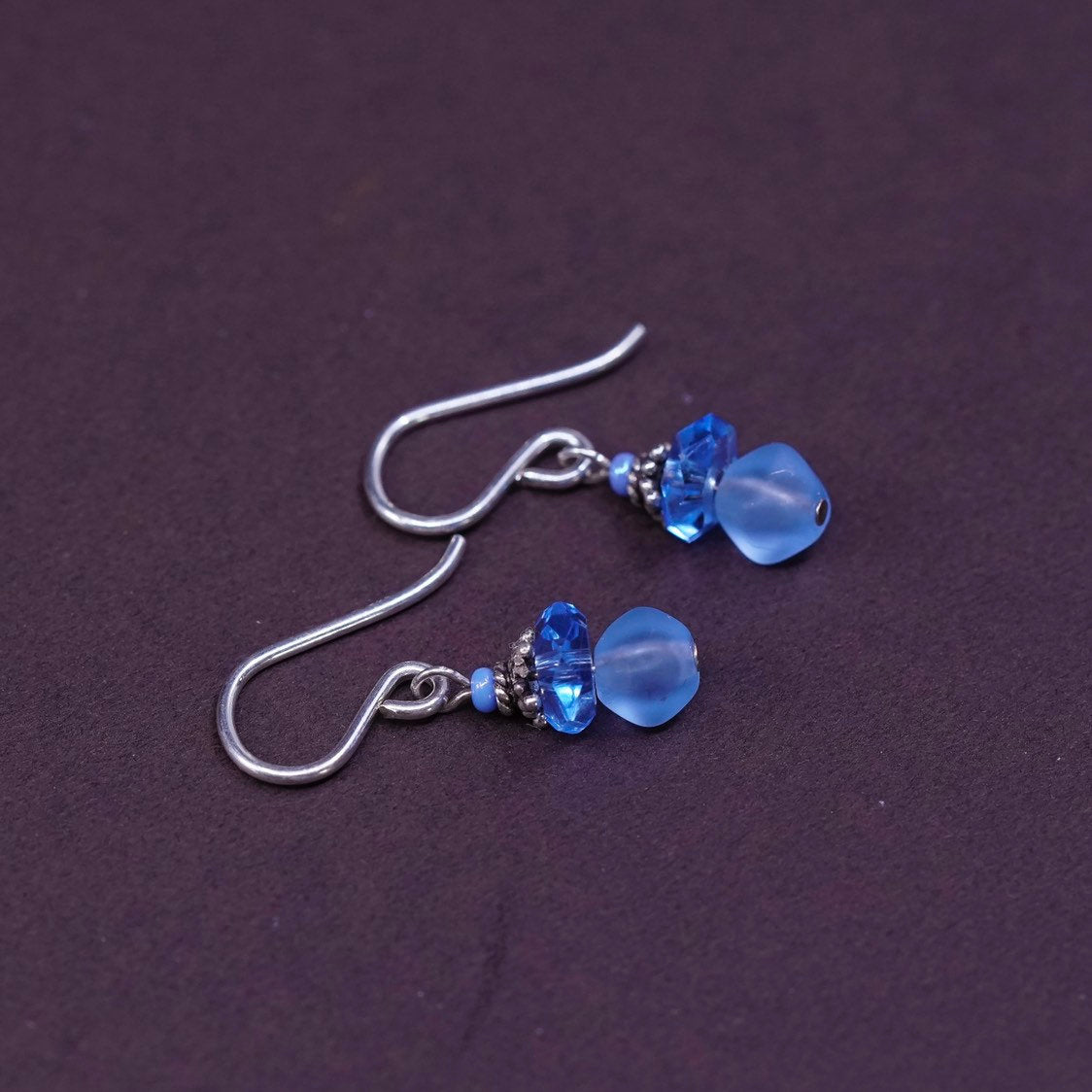 vtg Sterling silver handmade earrings, 925 hooks with blue crystal beads