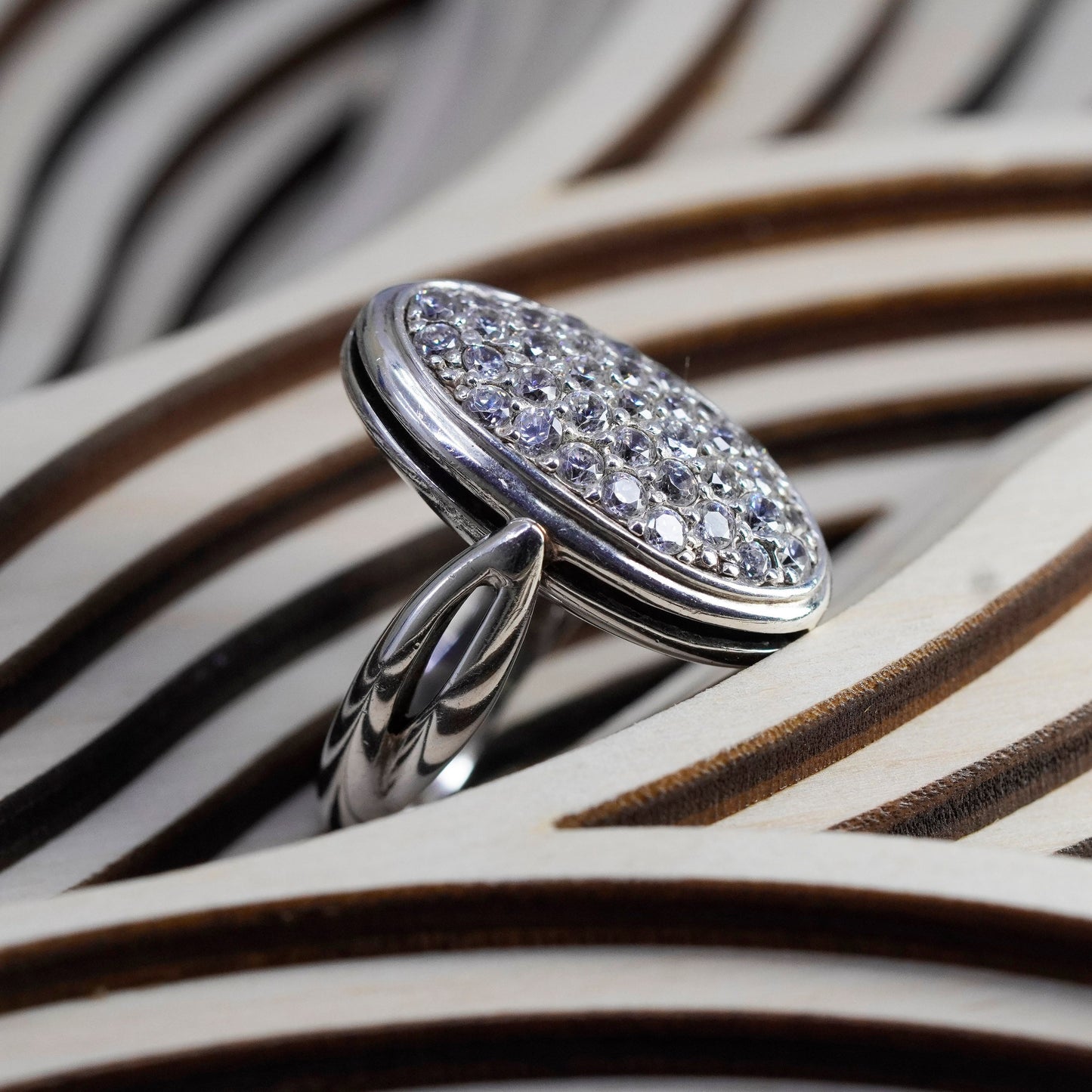 Size 4.25, vintage jewelry, sterling 925 silver flip ring with cluster cz