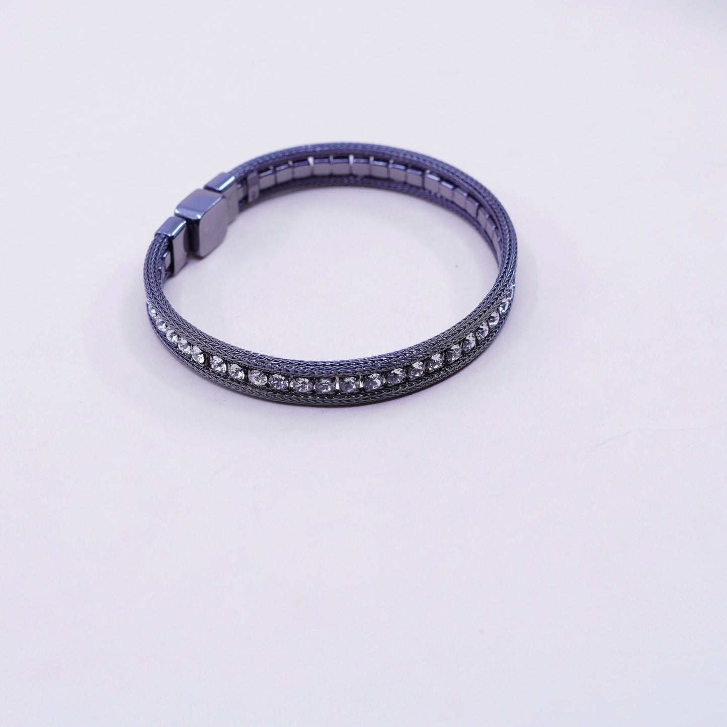 6.75”, vtg Italy sterling silver bracelet, oxidized 925 double wheat chain cz
