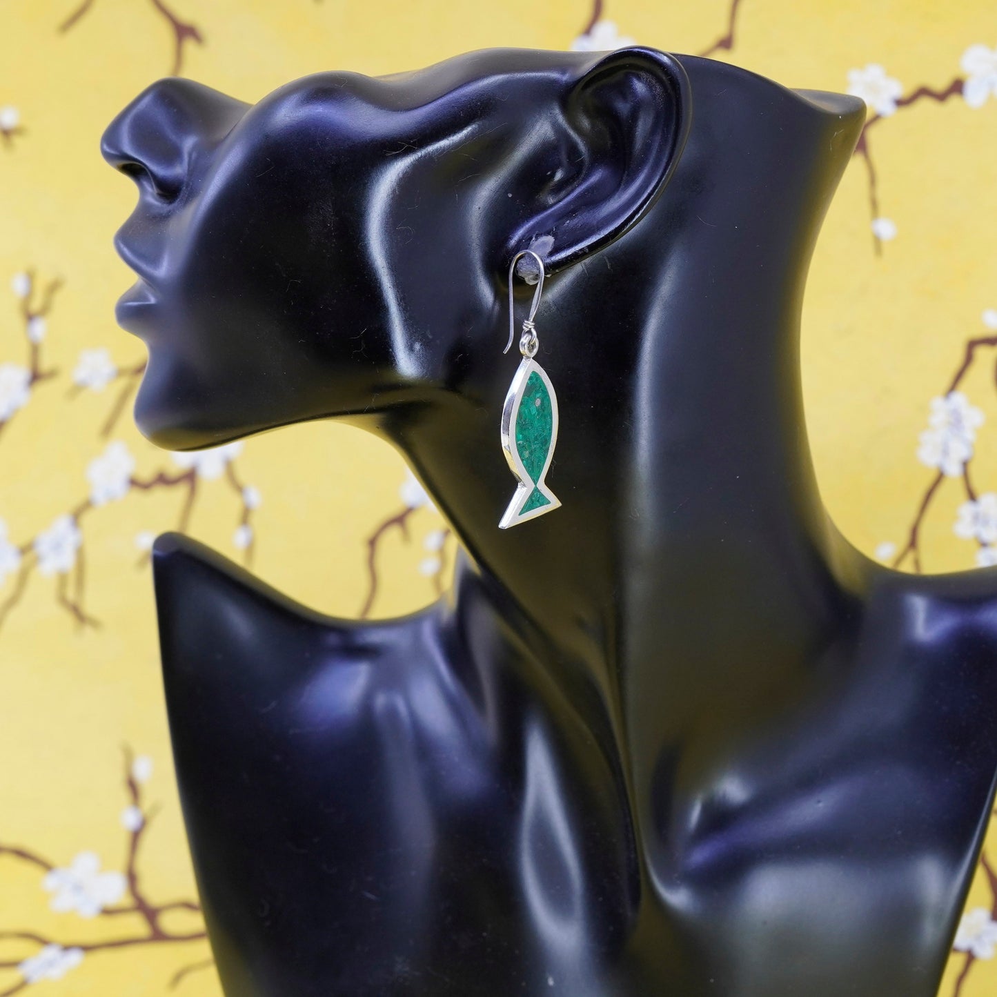 Vintage mexico Sterling silver handmade earrings, 925 fish with turquoise