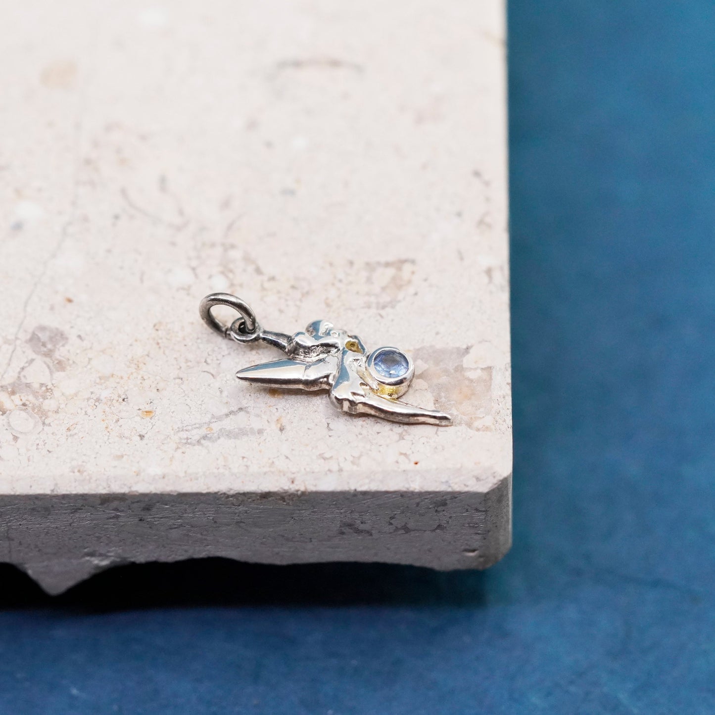 Vintage Sterling silver handmade pendant, 925 fairy charm with blue crystal