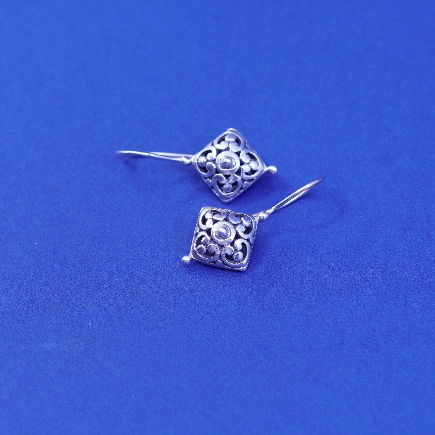 Vintage sterling silver handmade earrings, 925 filigree Bali diamond drop,