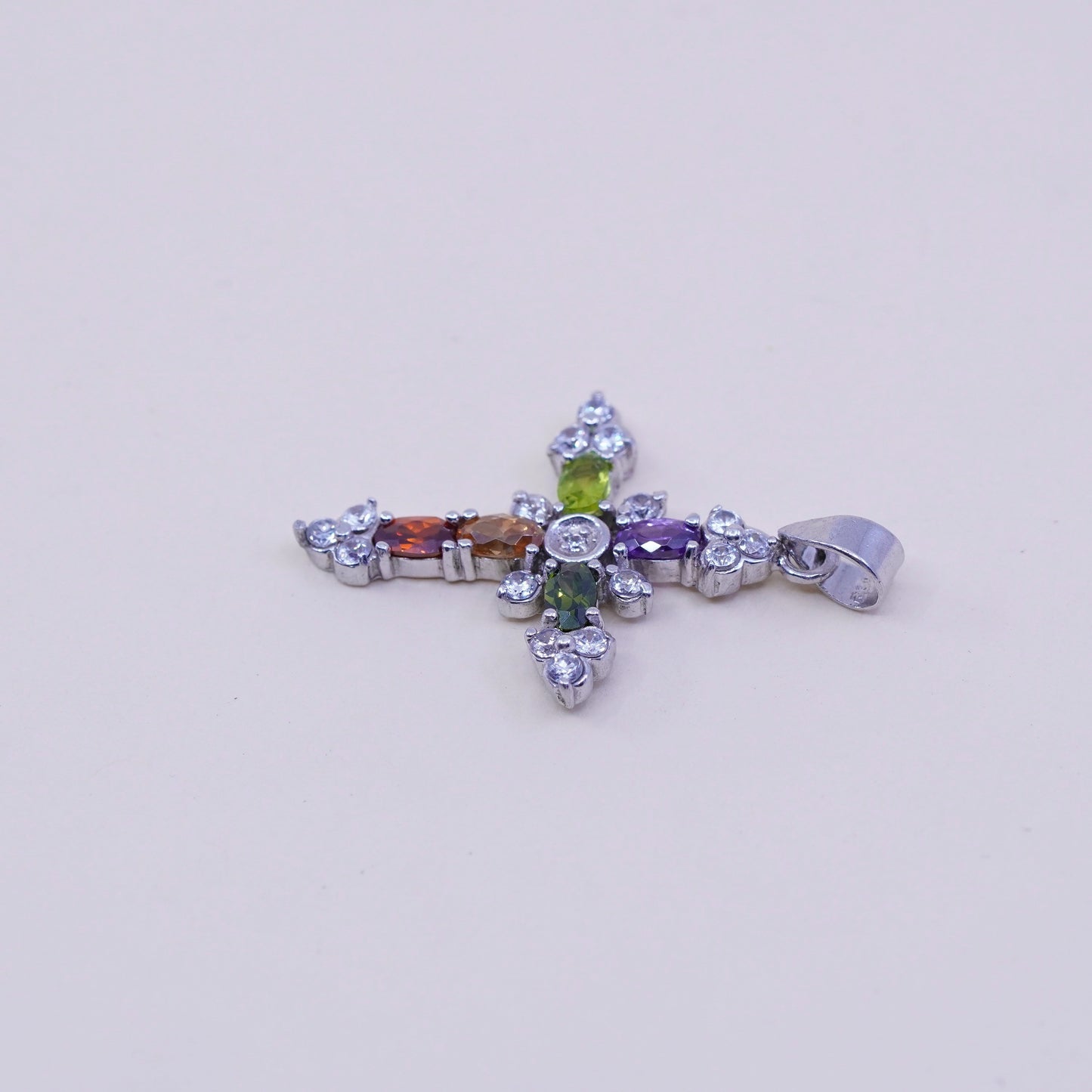 Vintage Sterling 925 silver handmade cross pendant with peridot amethyst