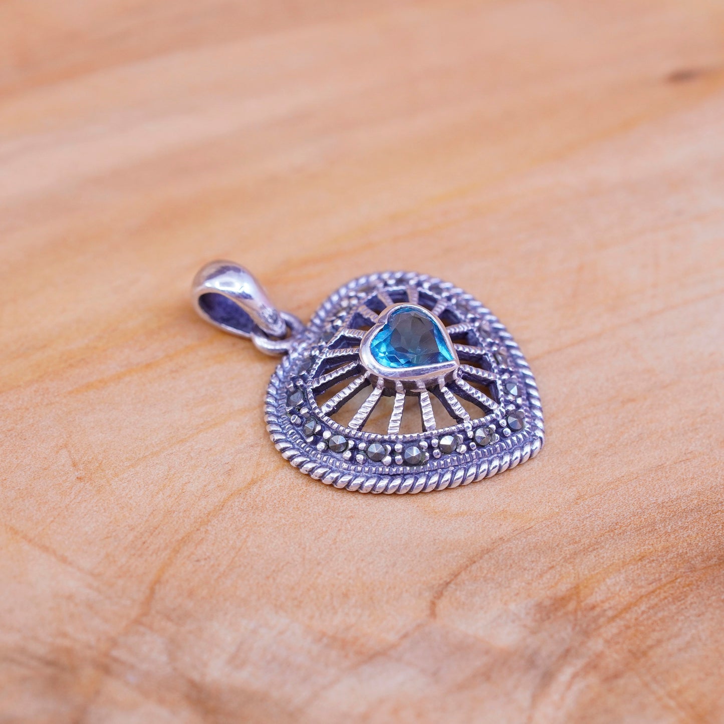 Sterling 925 silver handmade filigree heart pendant w/ blue topaz and Marcasite