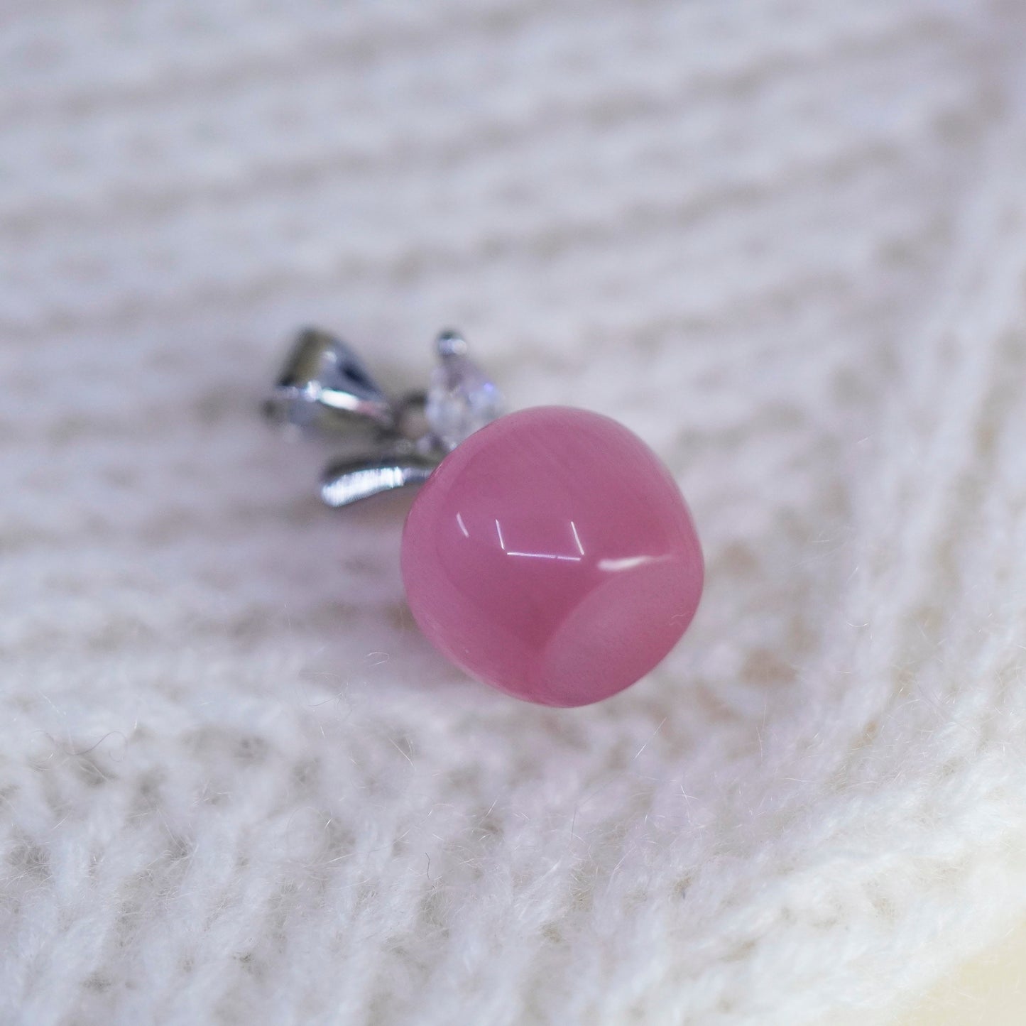 Vintage sterling silver Apple with pink cats eye, 925 handmade pendant