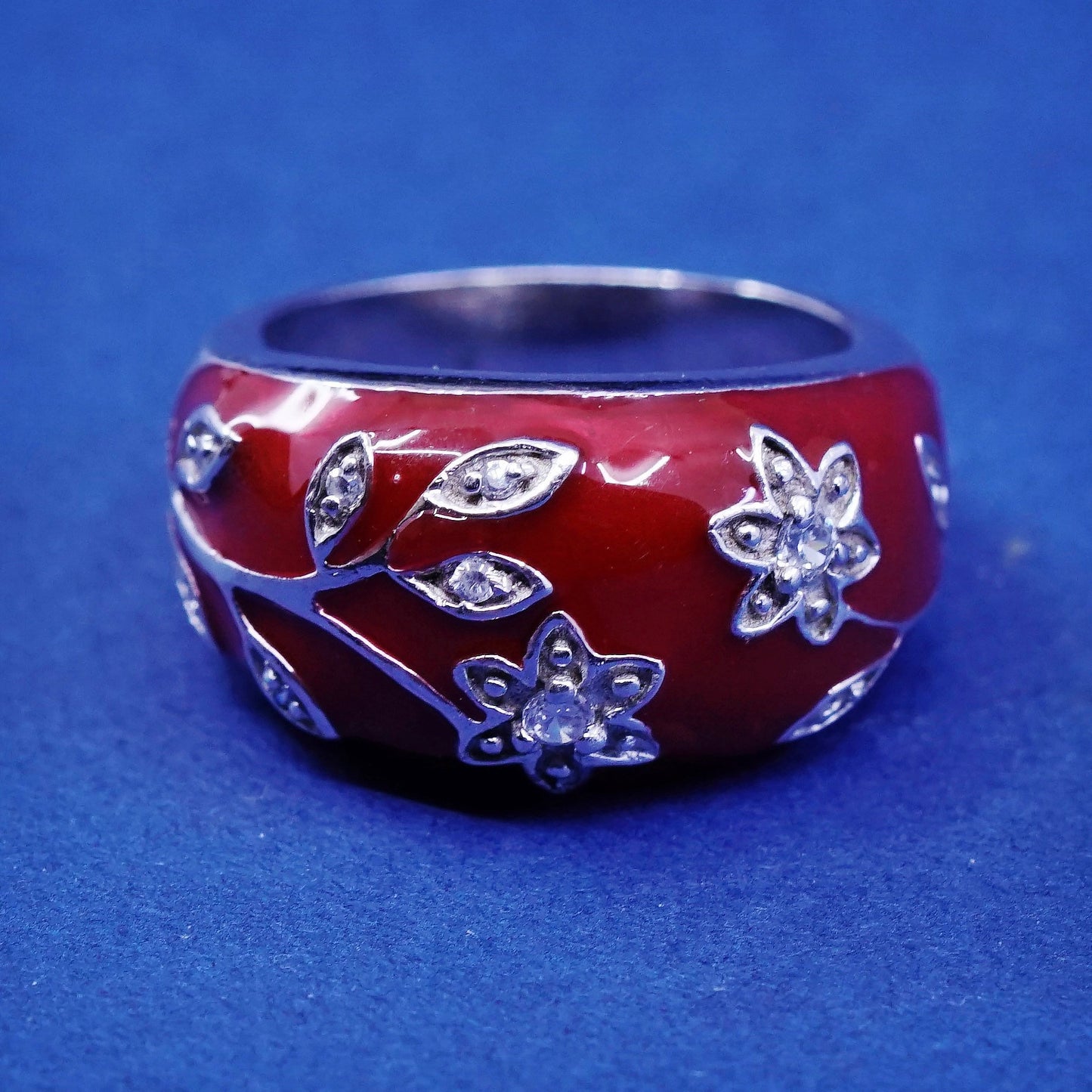 Size 6, vtg Sterling silver handmade ring, 925 red enamel band with flower Cz