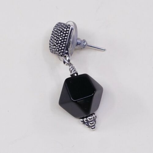 Vtg Modern Sterling Silver Handmade Earrings, 925 Silver W/ Obsidian Nugget