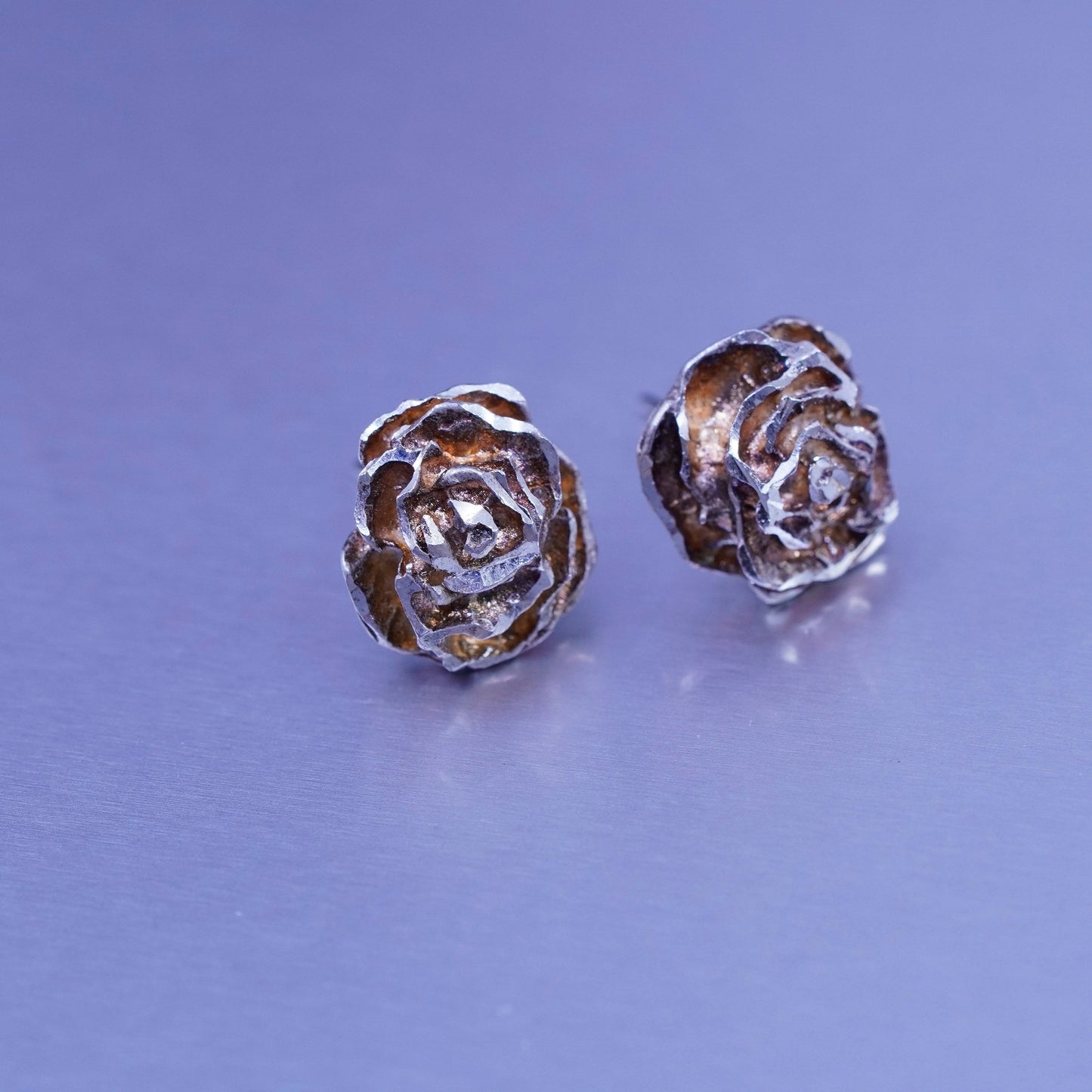 Vintage Sterling 925 silver handmade earrings, rose flower studs