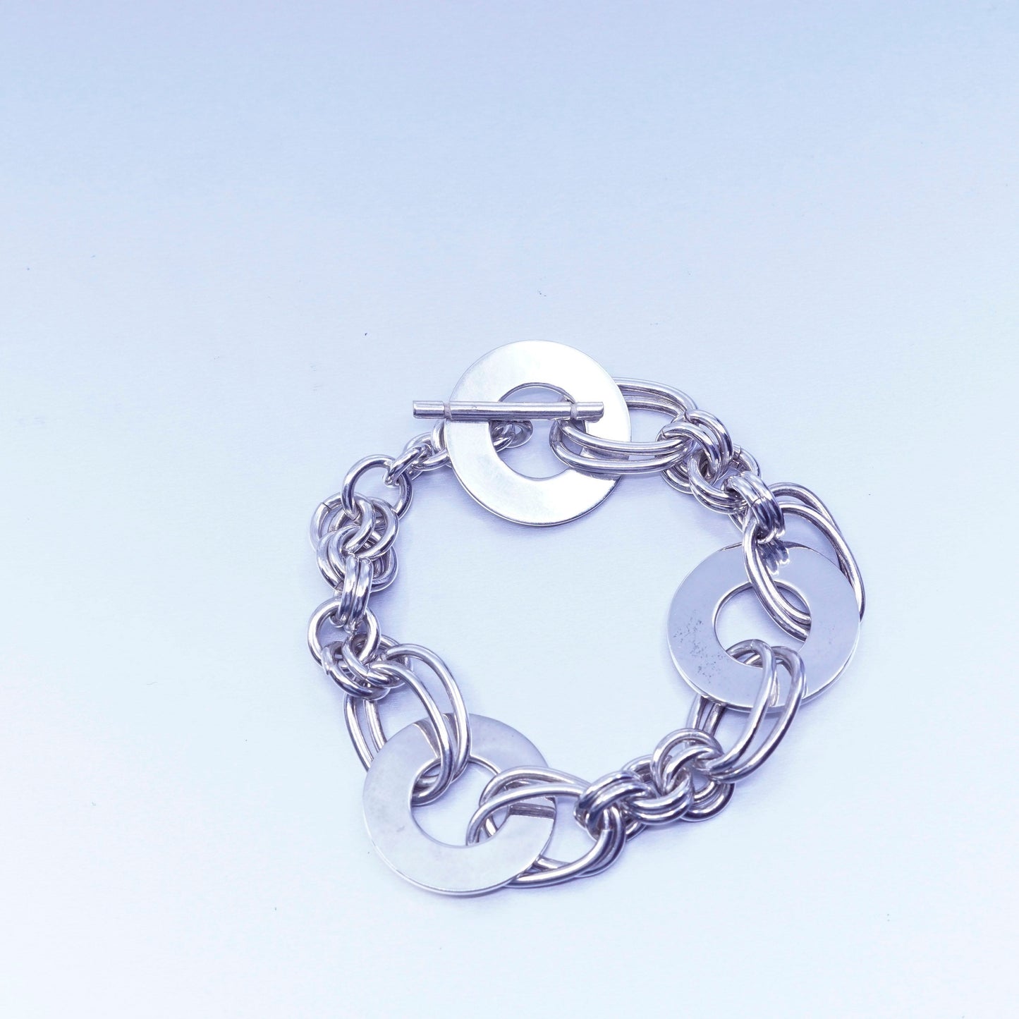 6.75”, Vintage Sterling 925 silver handmade bracelet, double oval chain disc