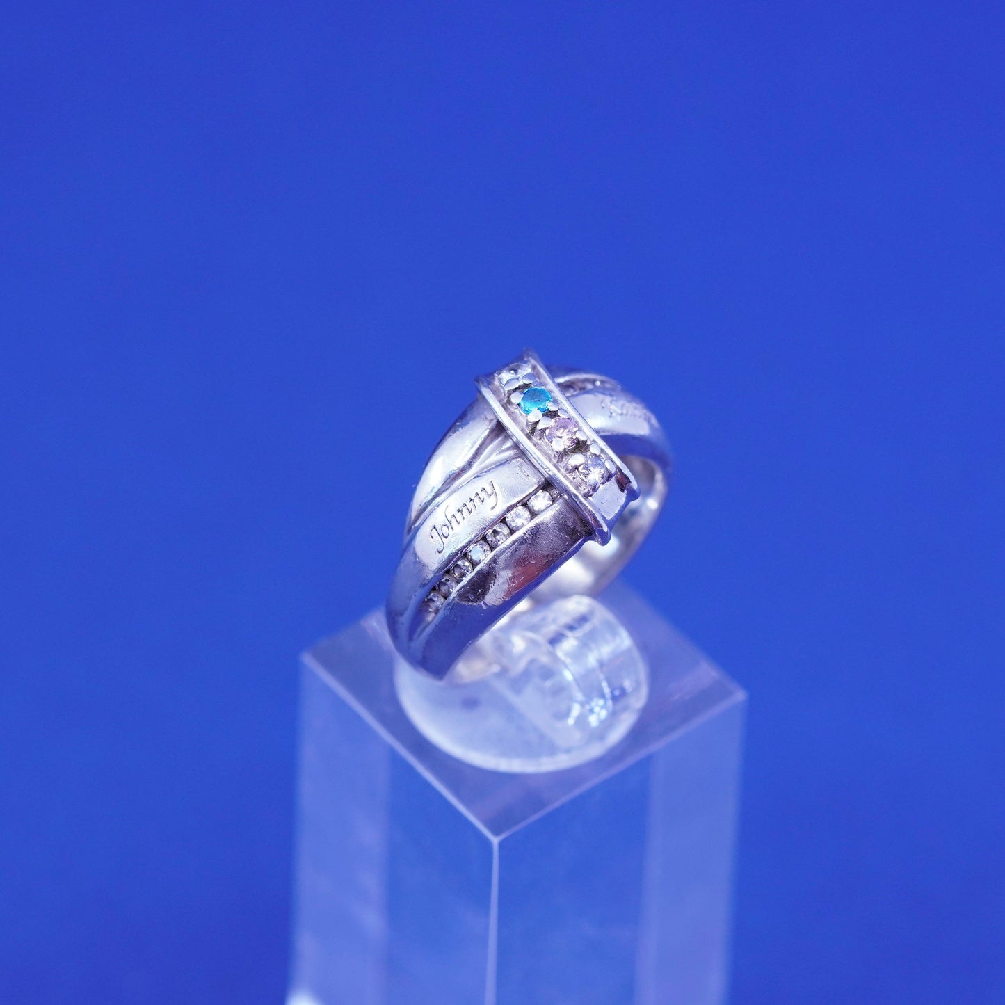 sz 6.25, Sterling 925 silver engagement ring blue pink crystal “Johnny Kaitlin