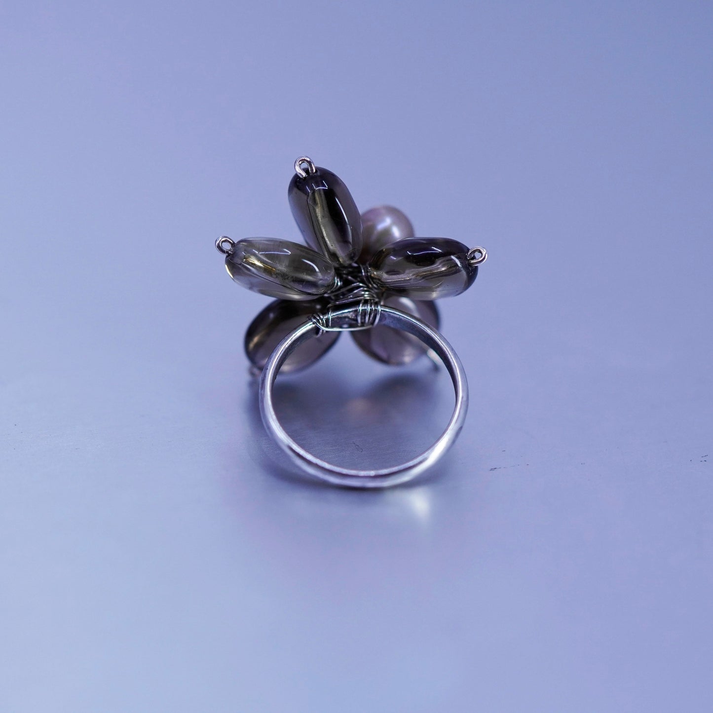 Size 7, vintage Sterling 925 silver handmade ring with pearl and smoky quartz