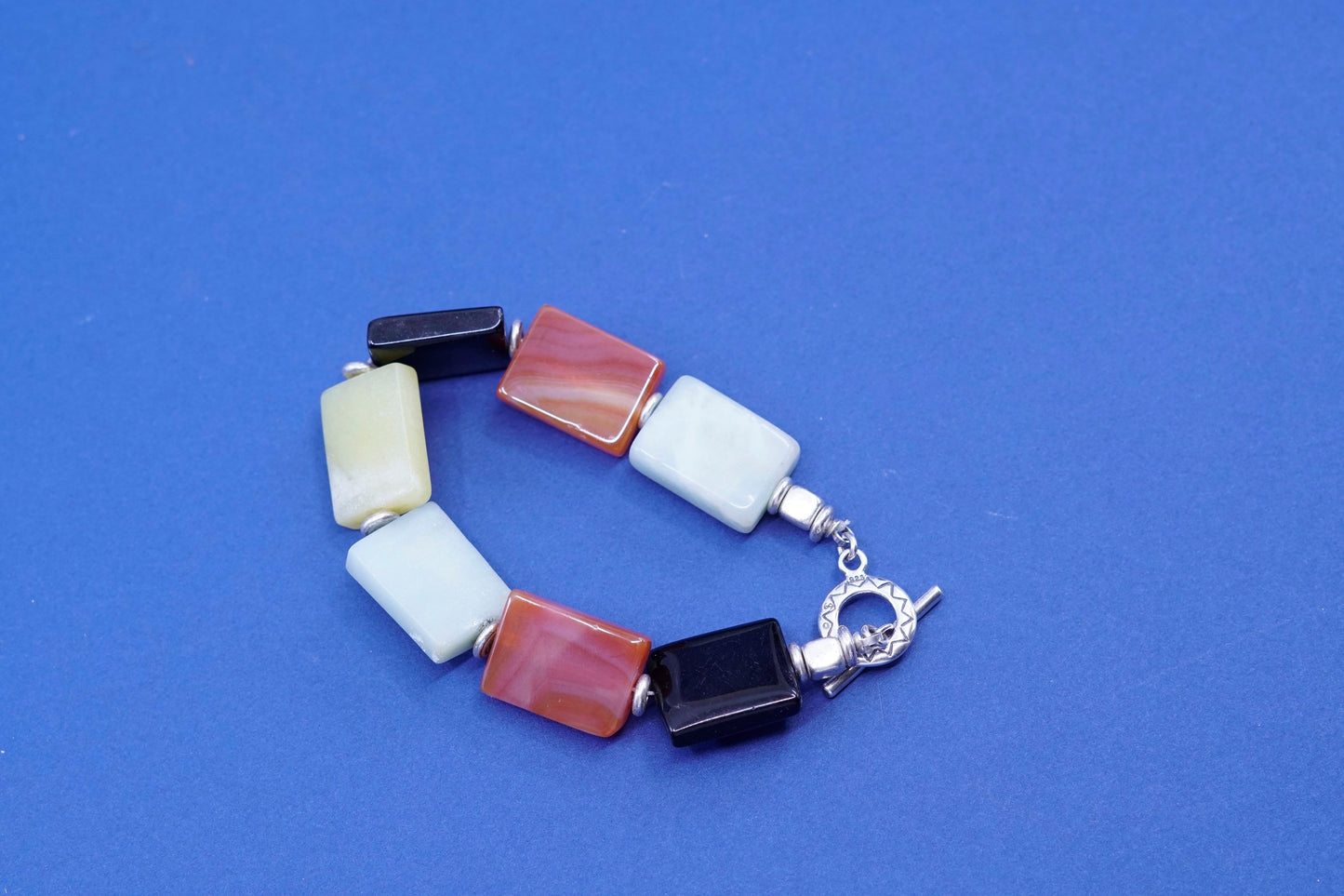 6.5”, Sterling silver handmade bracelet, 925 toggle w/ jade agate obsidian