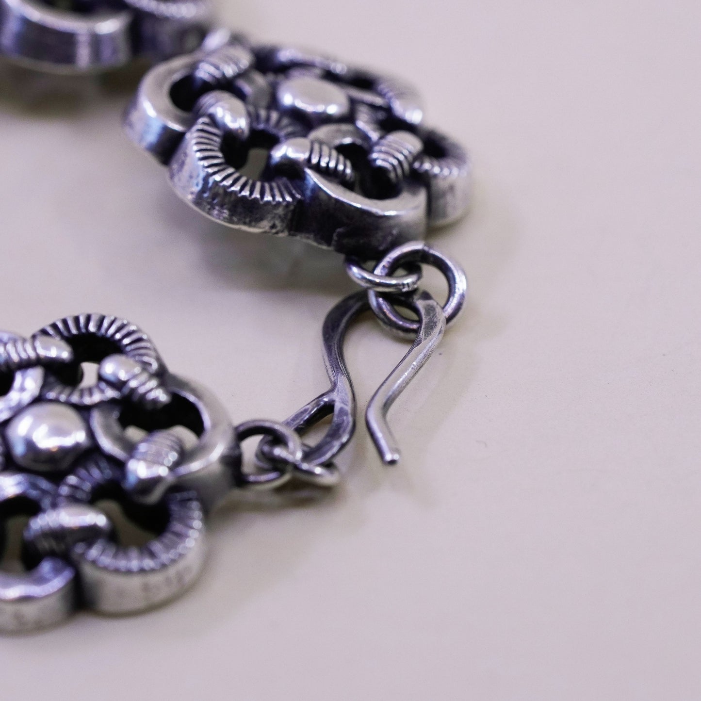 6.5”, vintage sterling 925 silver handmade bracelet, knotted floral pink chain