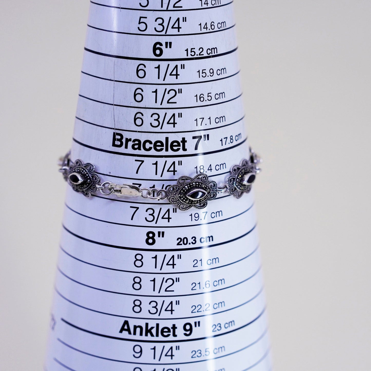 7.5”, sterling 925 silver handmade tennis bracelet w/ obsidian and marcasite