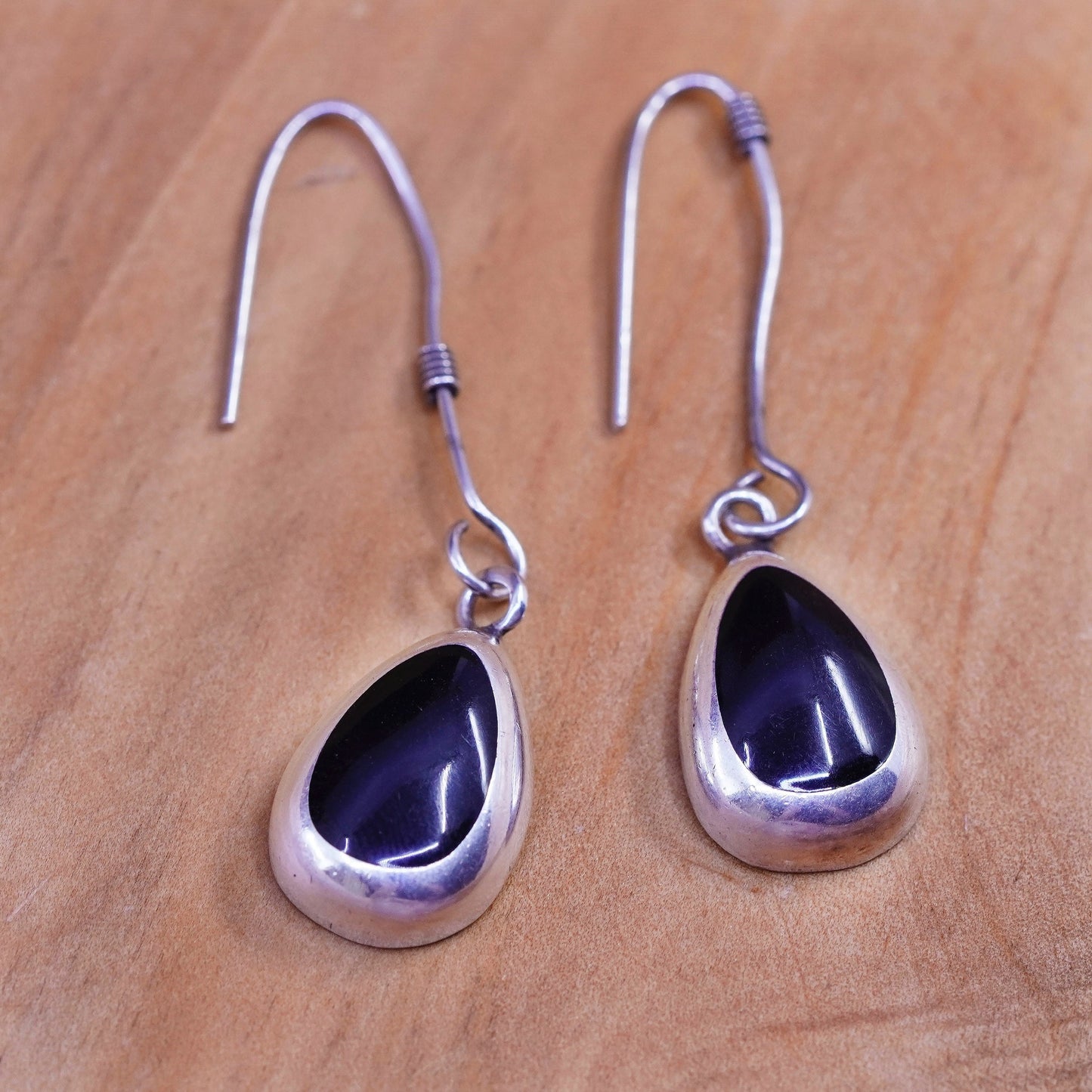 Vintage Sterling 925 silver handmade earrings with teardrop obsidian inlay