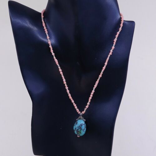 16”, Vtg Handmade Sterling 925 Silver W/ green turquoise Necklace N Coral Beads