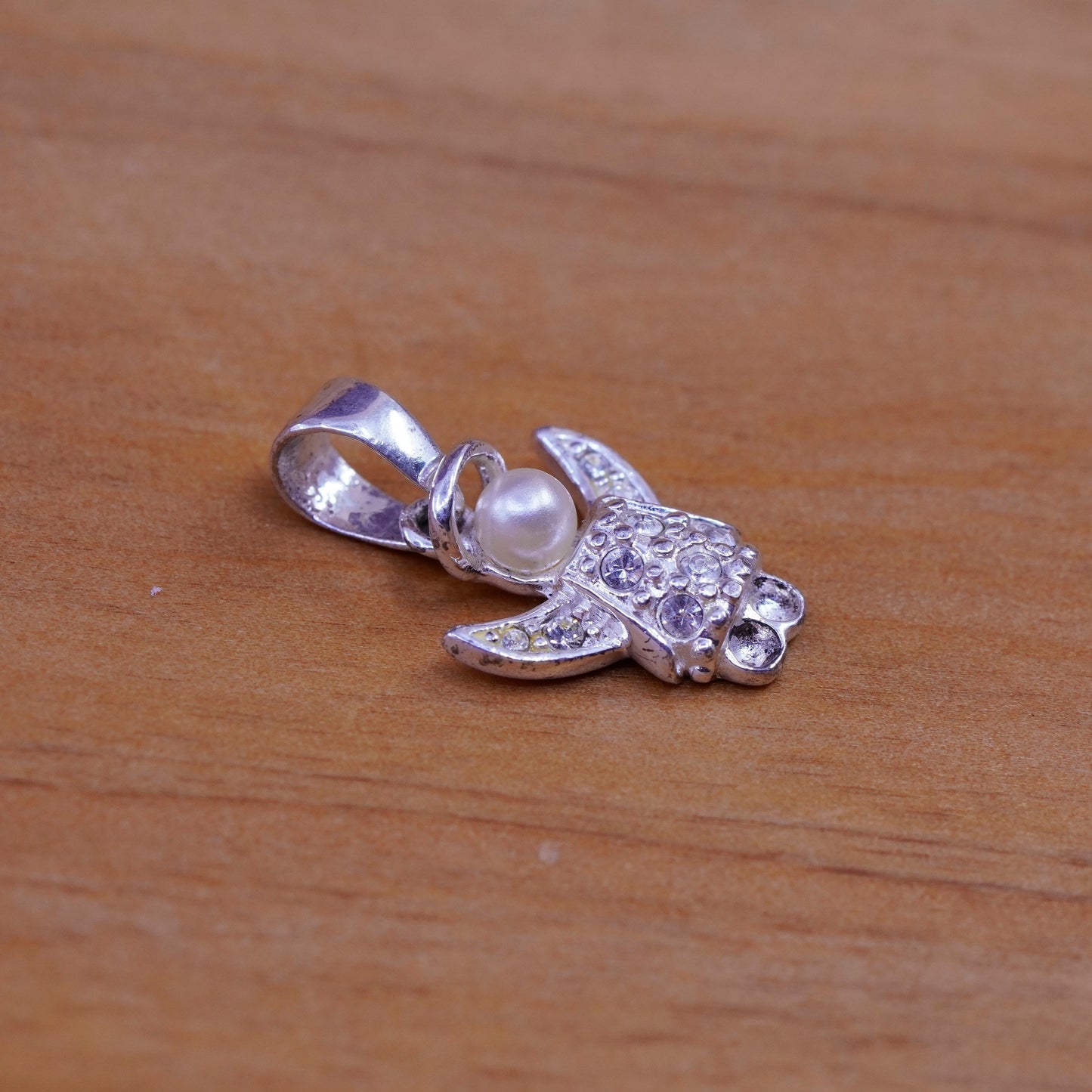 Vintage Sterling silver handmade pendant, 925 angel charm with crystal