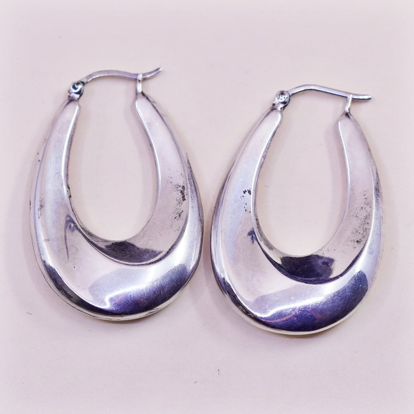 1.25” Vintage sterling silver oval earrings, minimalist primitive Huggie hoops