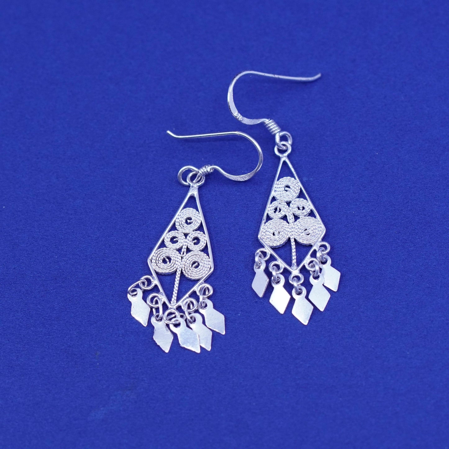 Vintage sterling silver handmade earrings, 925 filigree drop with fringe