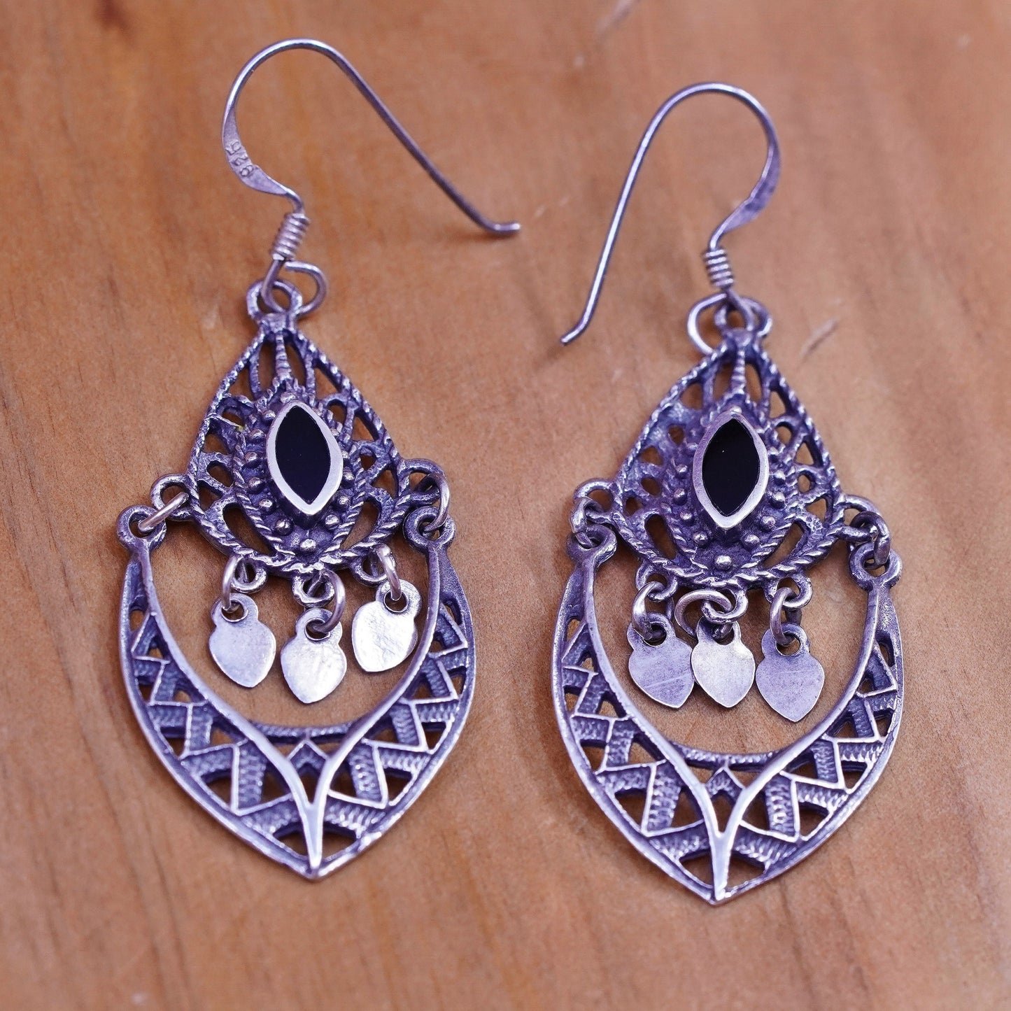 Vintage Sterling 925 silver handmade filigree earrings with obsidian