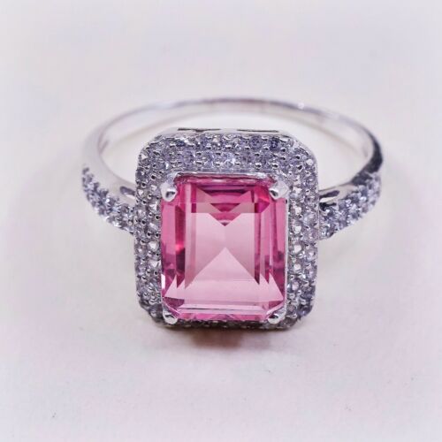Sz 10.75, PJC Sterling Silver Handmade Ring, 925 Silver Band W/ Cluster Pink Cz