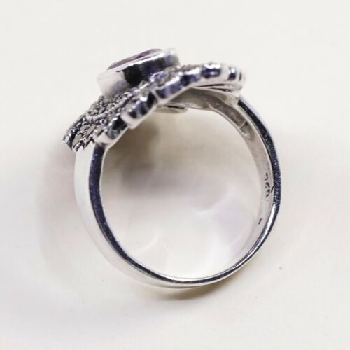 Sz 8, Sterling Silver handmade Ring, 925 Silver W/ amethyst n marcasite