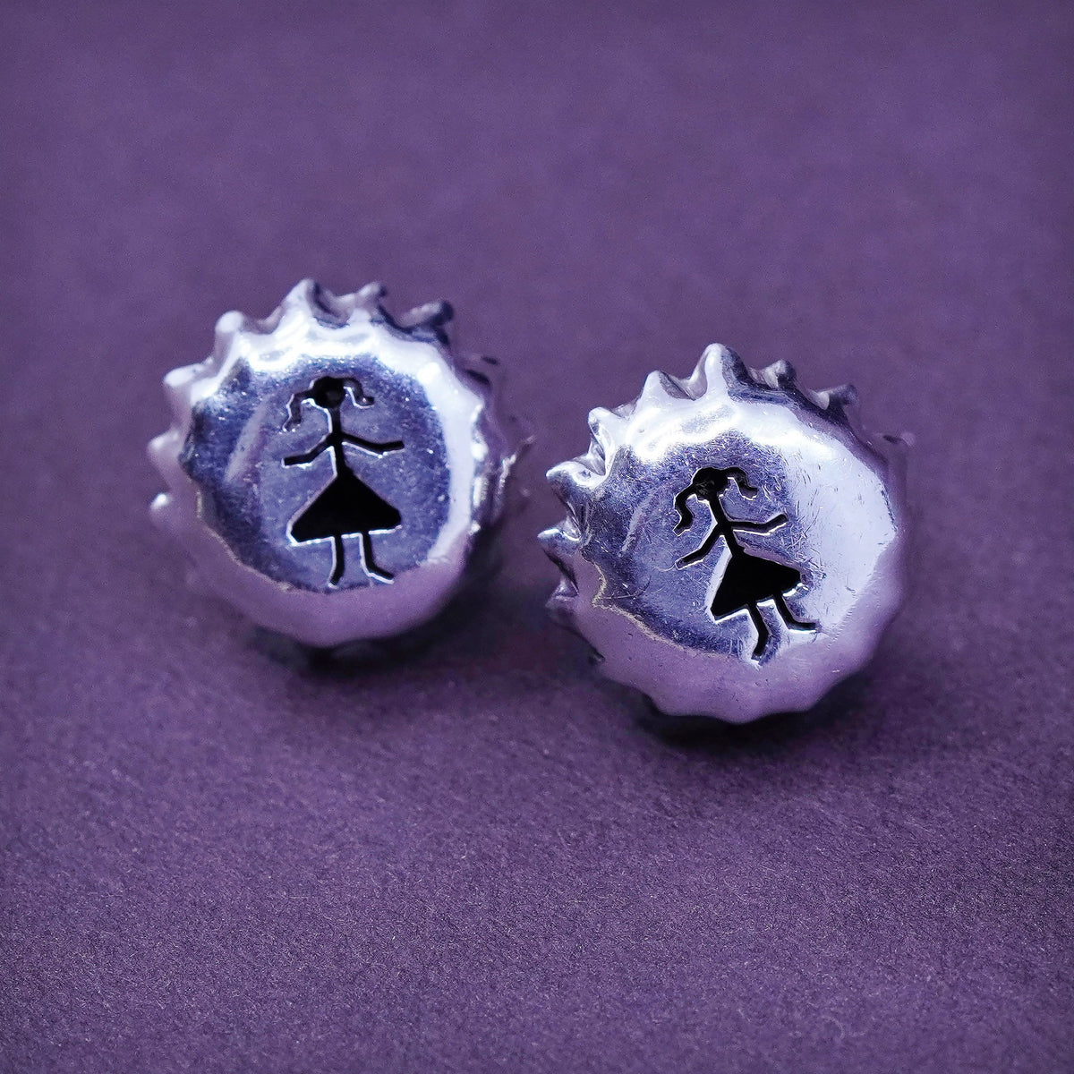 Sterling silver earrings, 925 bottle cap studs embossed girl stick figure