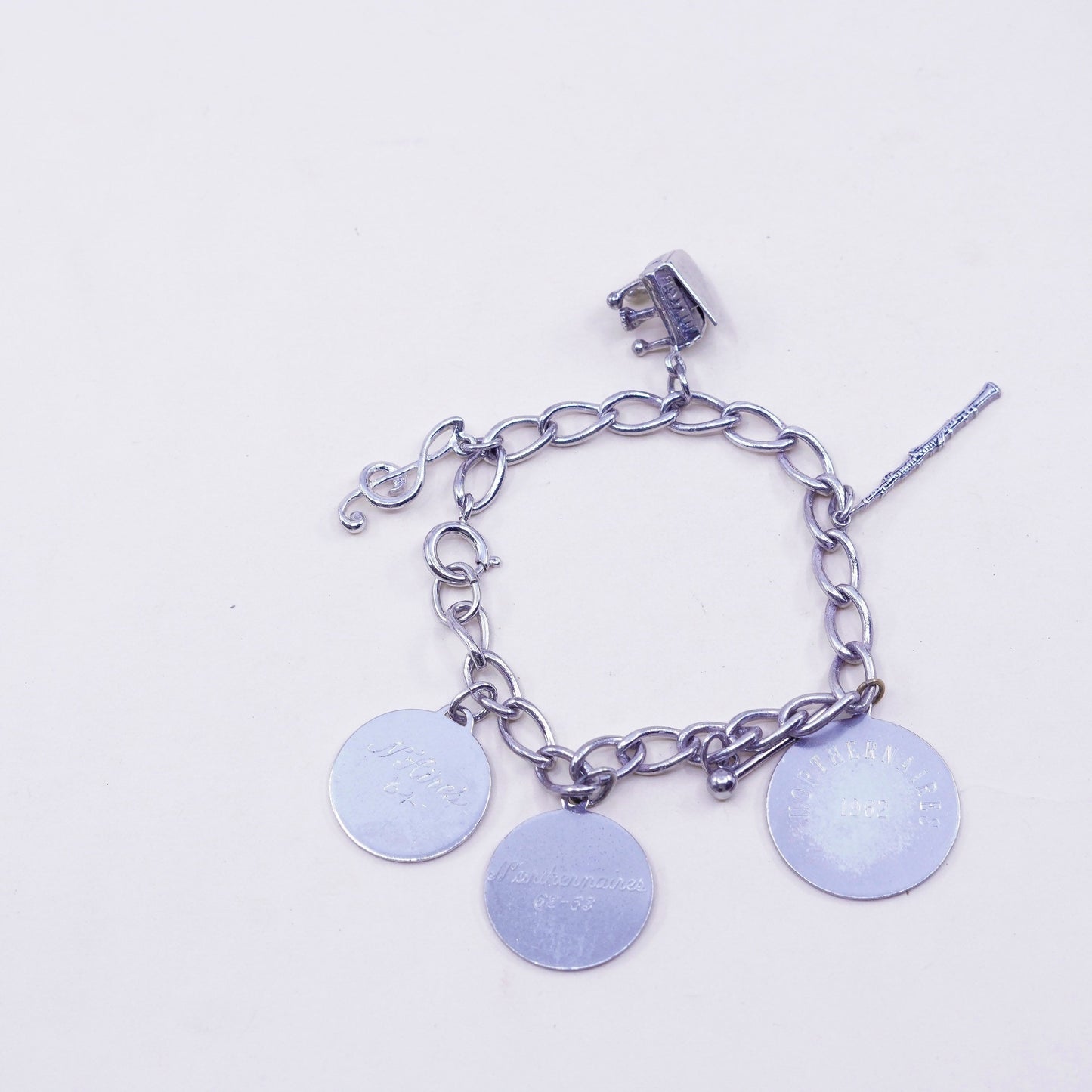6.75”, sterling silver bracelet, 925 circle chain tag piano music charms