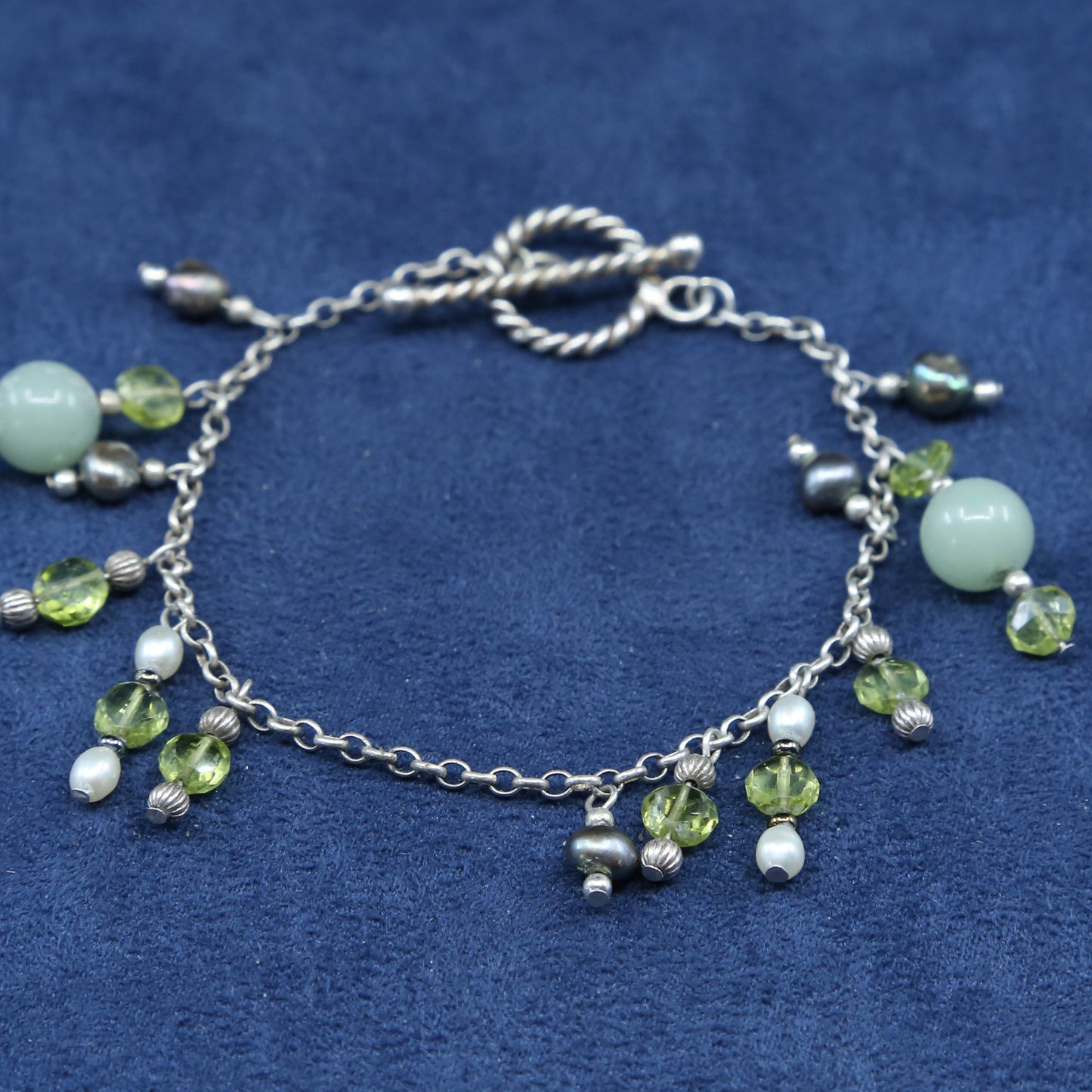 6.5”, sterling silver handmade bracelet 925 circle chain w/ crystal jade charms