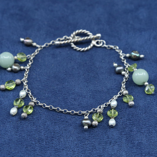 6.5”, sterling silver handmade bracelet 925 circle chain w/ crystal jade charms