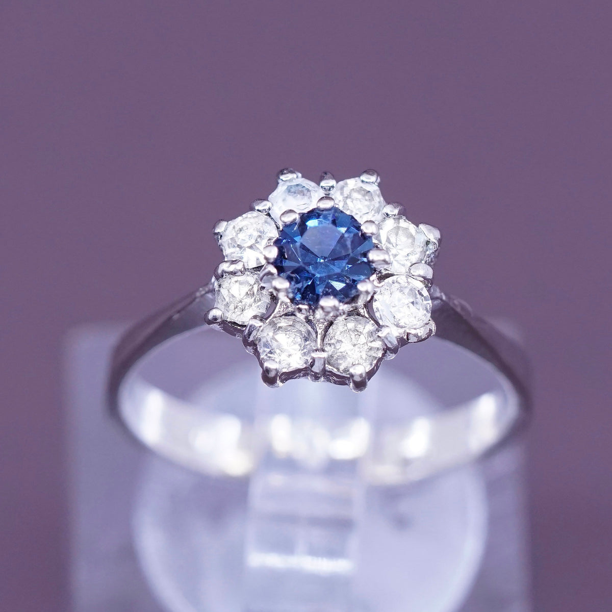 Size 6.5, vintage Sterling 925 silver handmade ring with crystal and sapphire