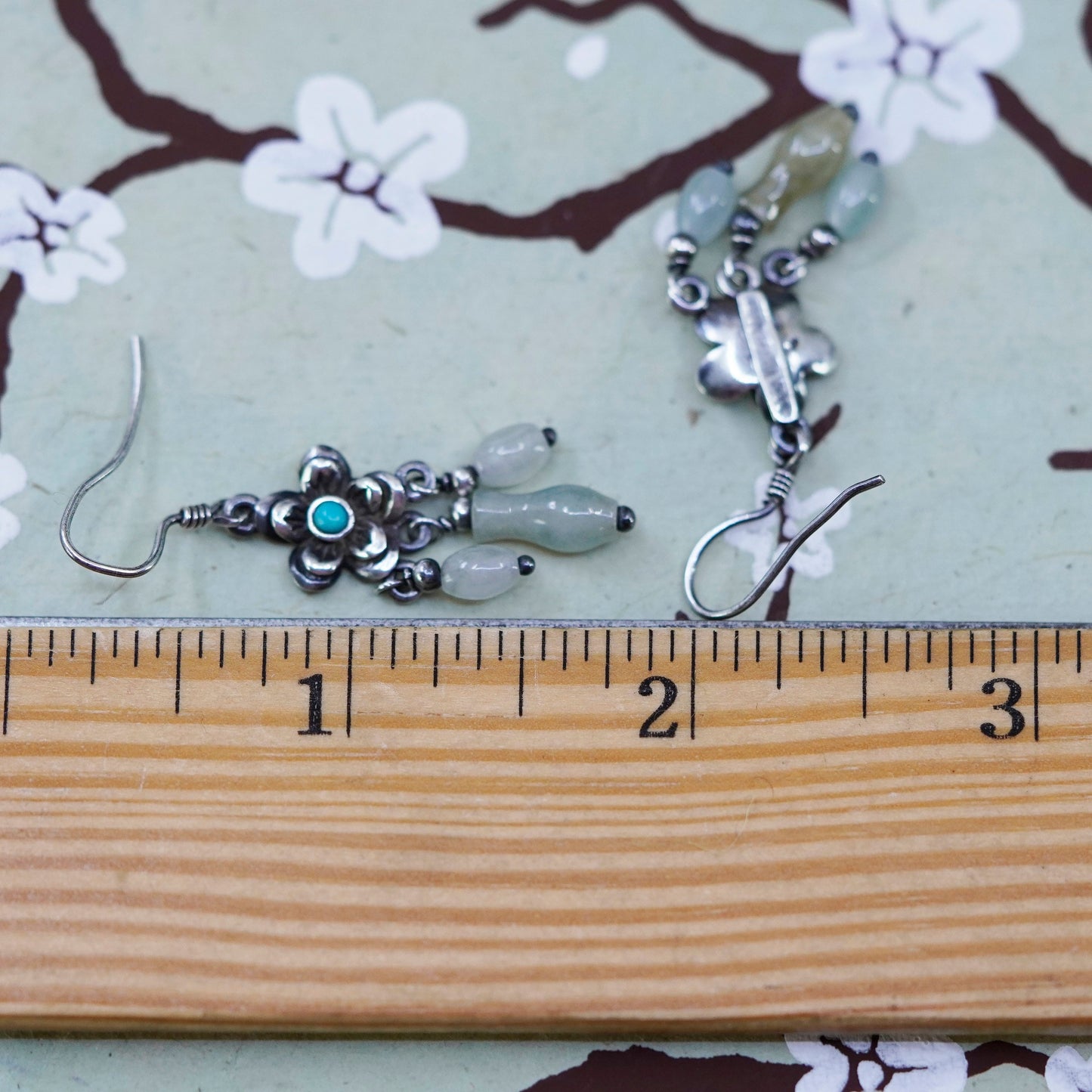 Native American Sterling 925 Silver Handmade flower earrings w/ turquoise jade