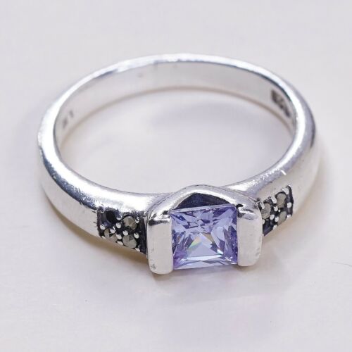 Sz 7, Vtg Sterling Silver Handmade Ring, 925 w/ Amethyst n marcasite inlay