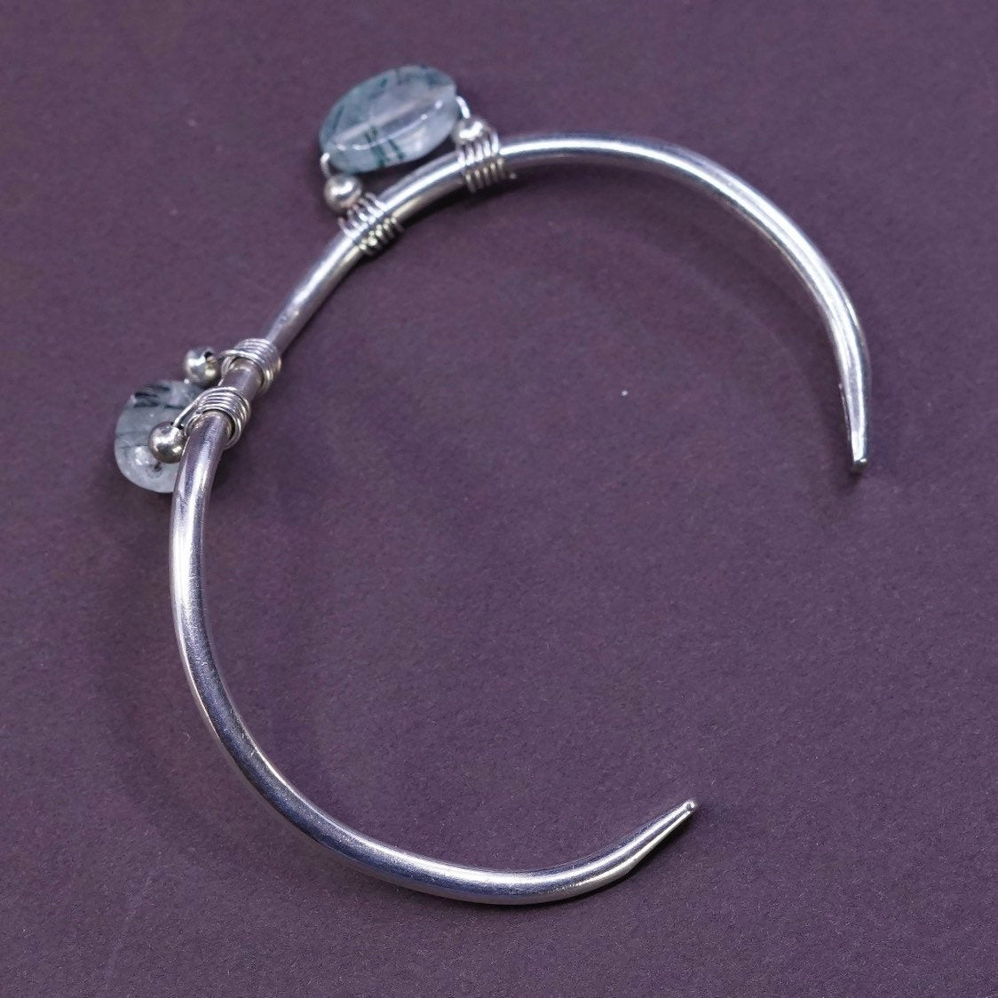 5.75", vtg Sterling silver hammered bracelet, 925 wide cuff w/ Jade