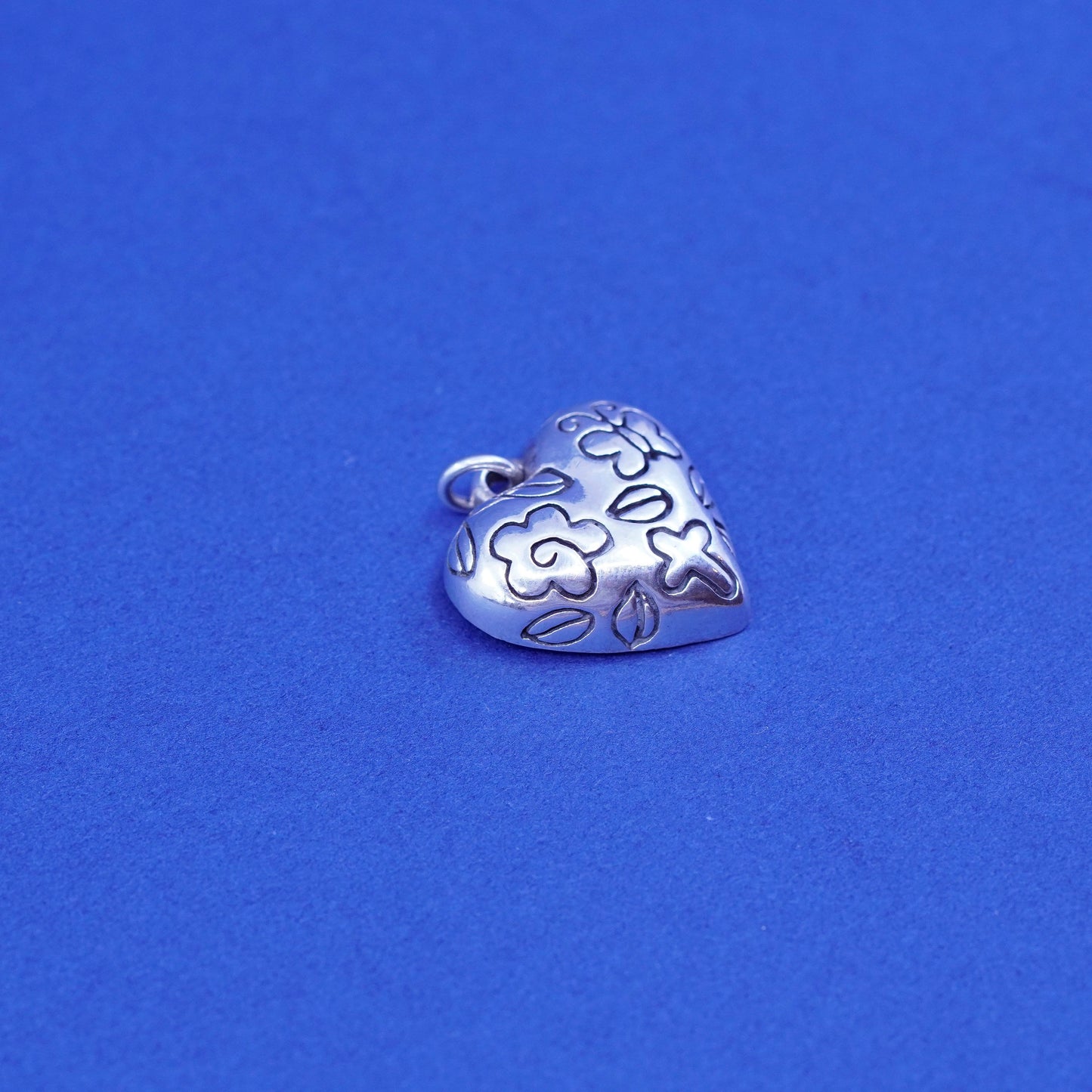 Vintage Sterling silver handmade pendant, 925 heart embossed flower butterfly