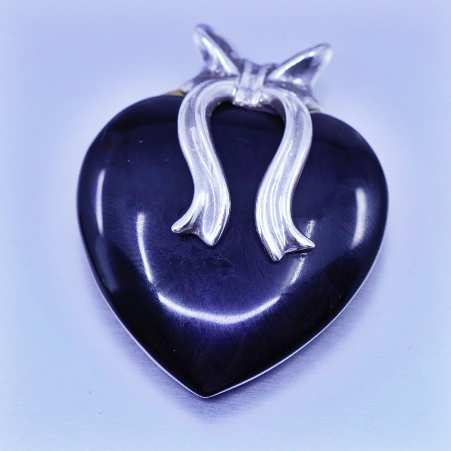 antique sterling 925 silver obsidian heart pendant with ribbon bow tie