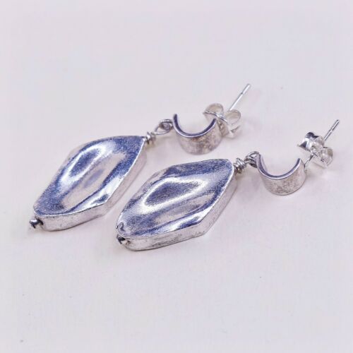 Vtg Modern Sterling Silver Handmade Earrings, 925 Nugget Dangles, Silver Tested