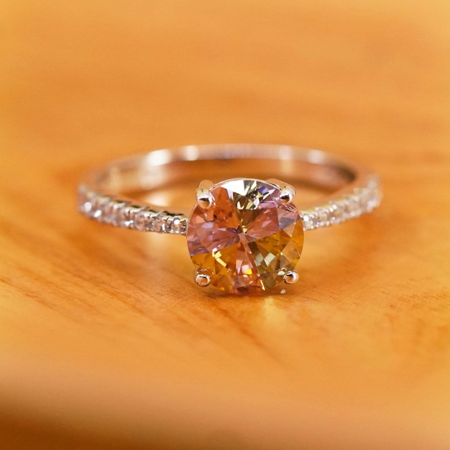 Size 8.5, vintage Sterling 925 silver engagement ring with pink and clear cz