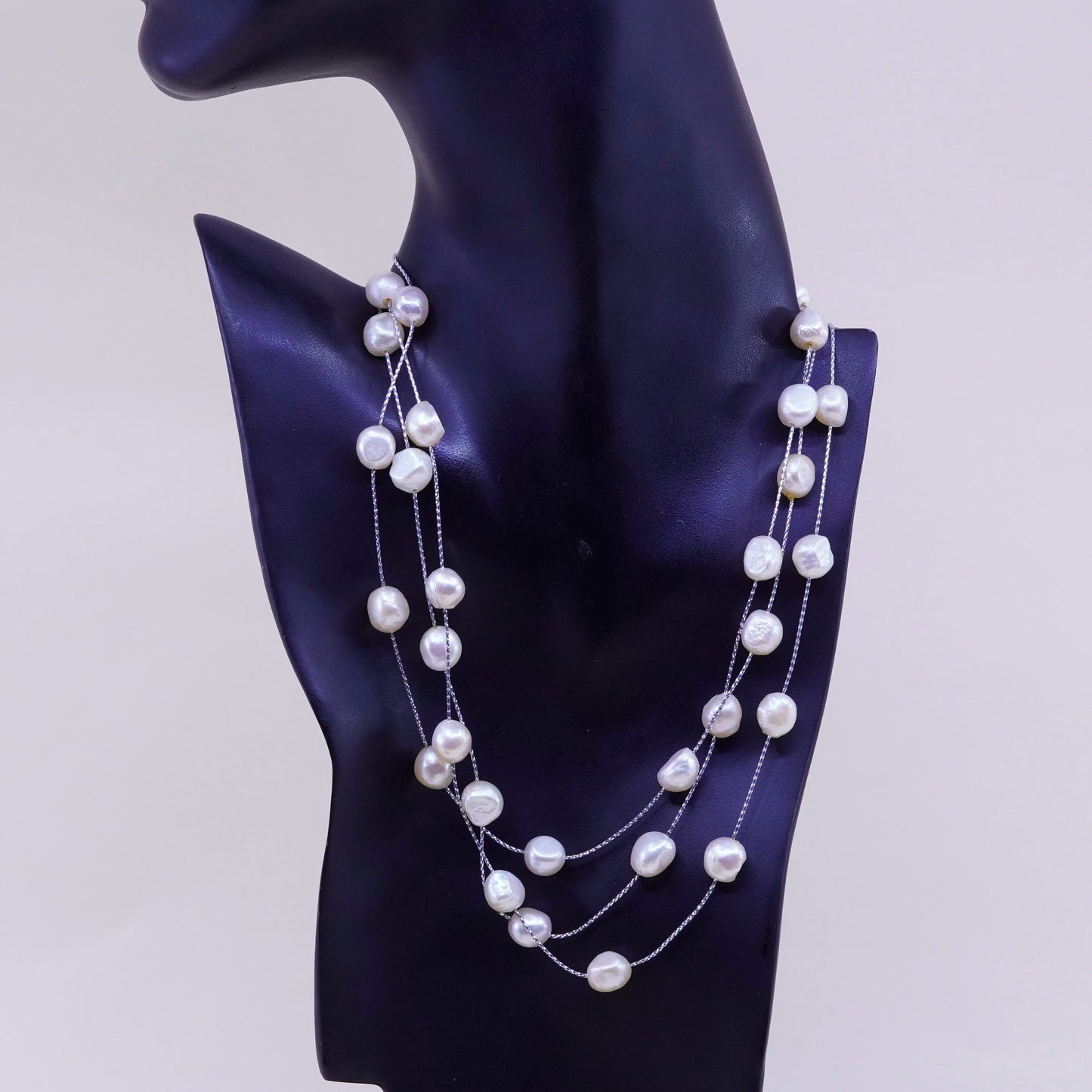 17”, Vintage handmade multi strands Sterling silver wheat chain pearl beads