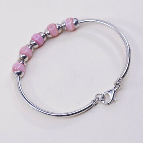 7”, Vtg Sterling Silver Handmade Bracelet, 925 W/ Pink Tiger’s Eye Bangle