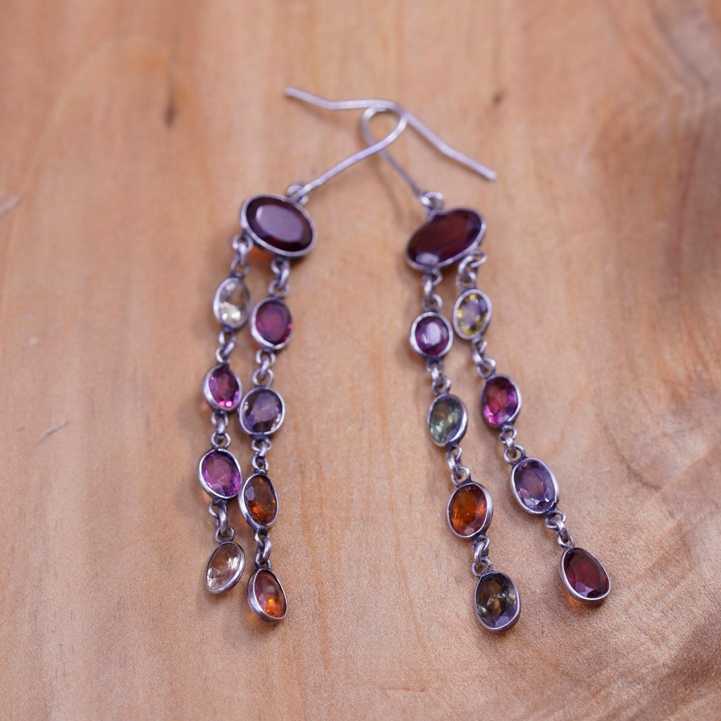 Vintage Sterling 925 silver handmade earrings w/ ruby citrine amethyst peridot