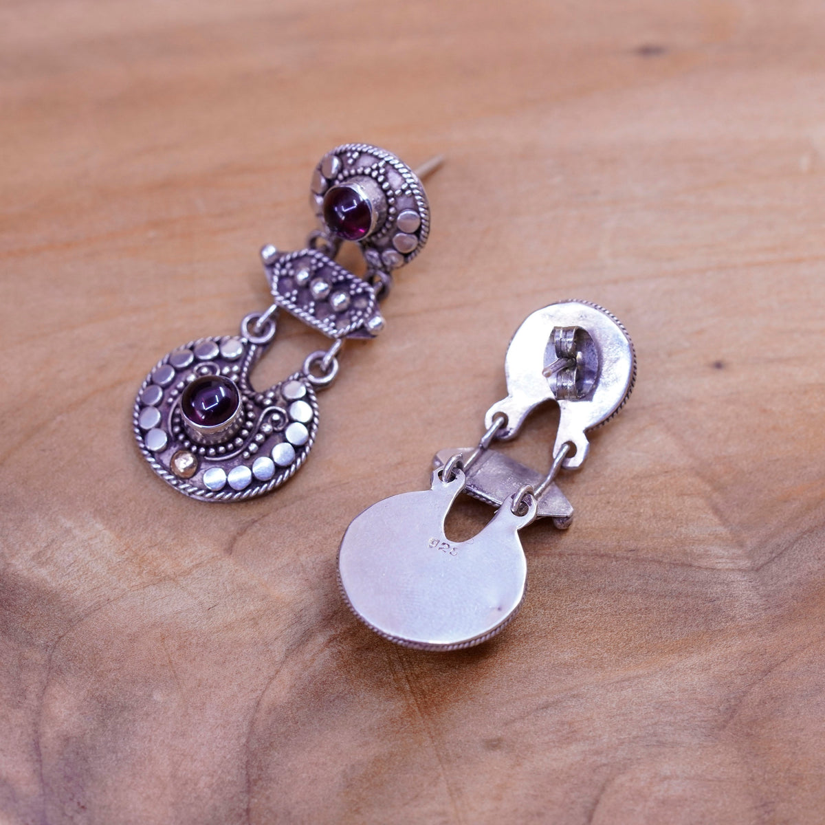 Two tone handmade sterling 925 silver earrings with 14K accent and garnet beads